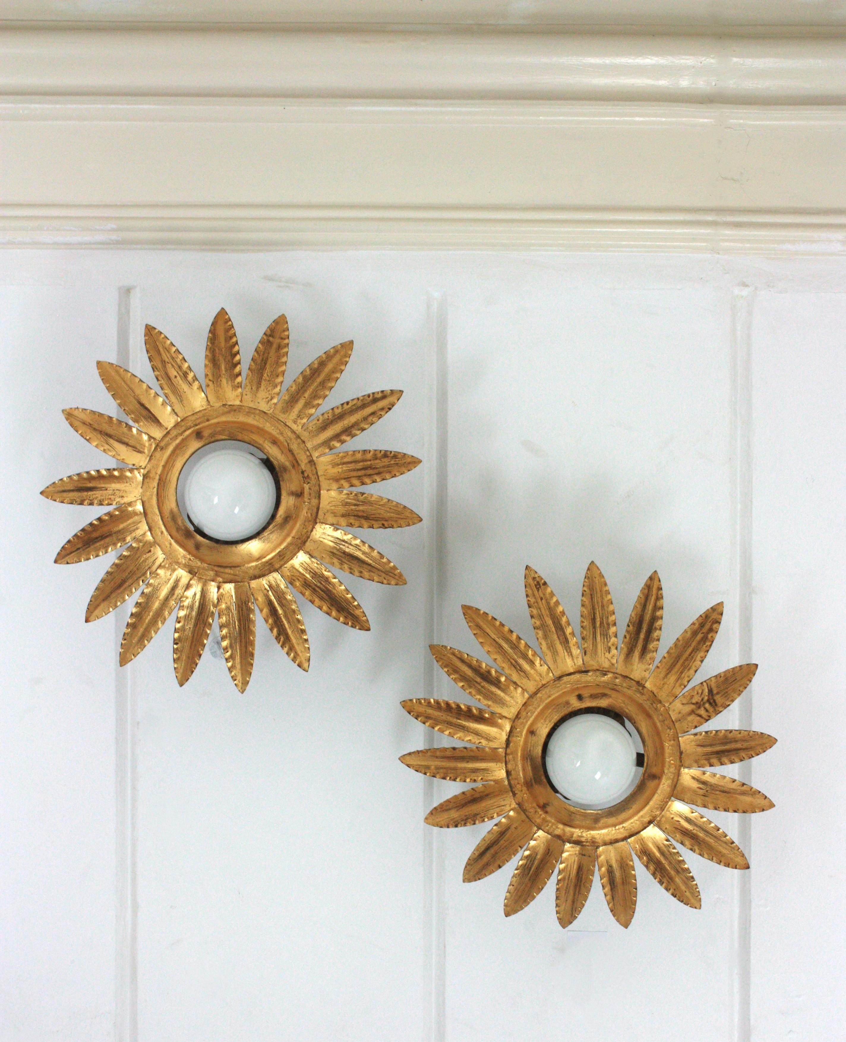 Fait main Paire de luminaires ou pendentifs à fleurs Sunburst en métal doré en vente