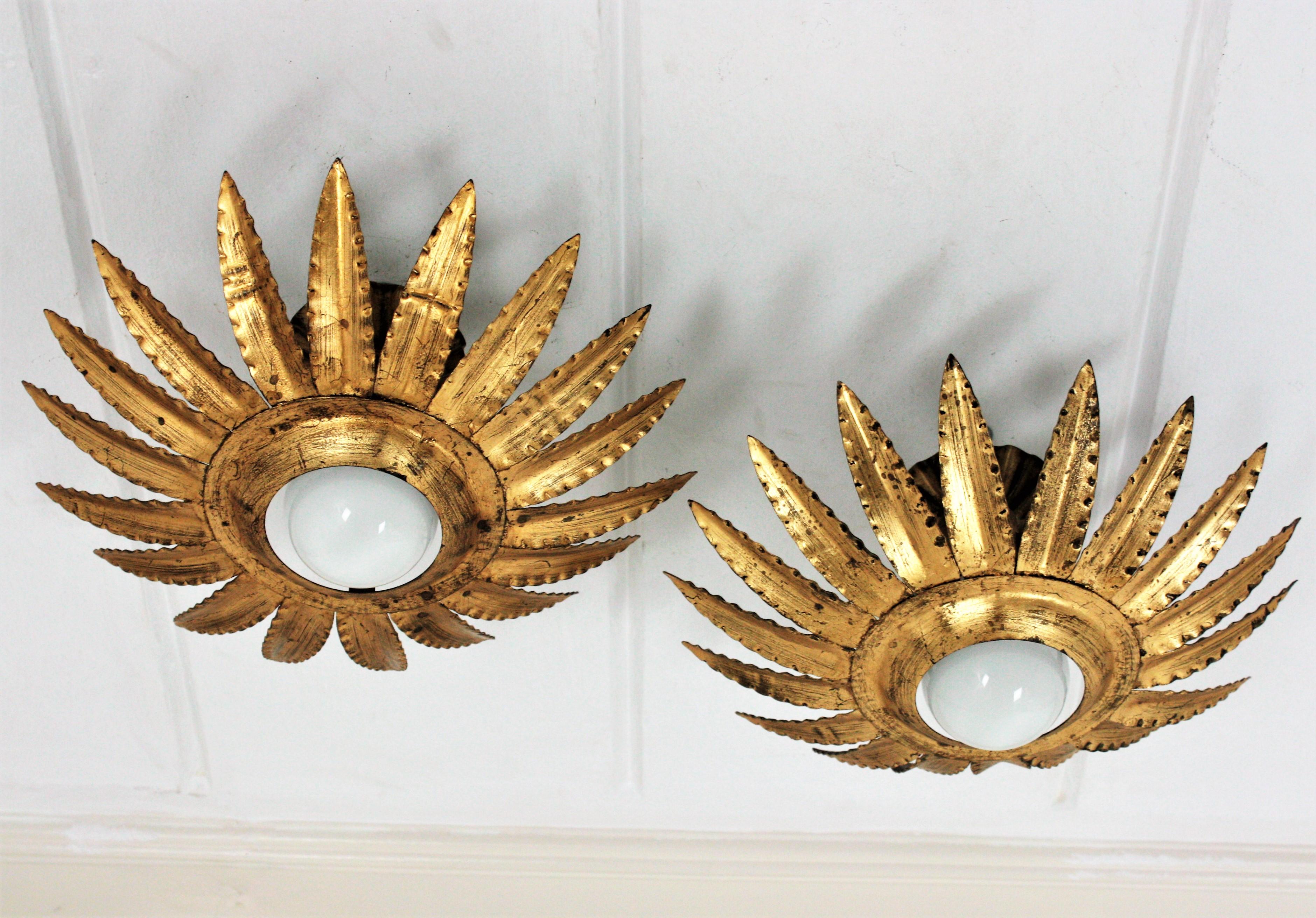 Paar Sonnenschliff-Blumenleuchten oder Hängelampen aus vergoldetem Metall (20. Jahrhundert) im Angebot