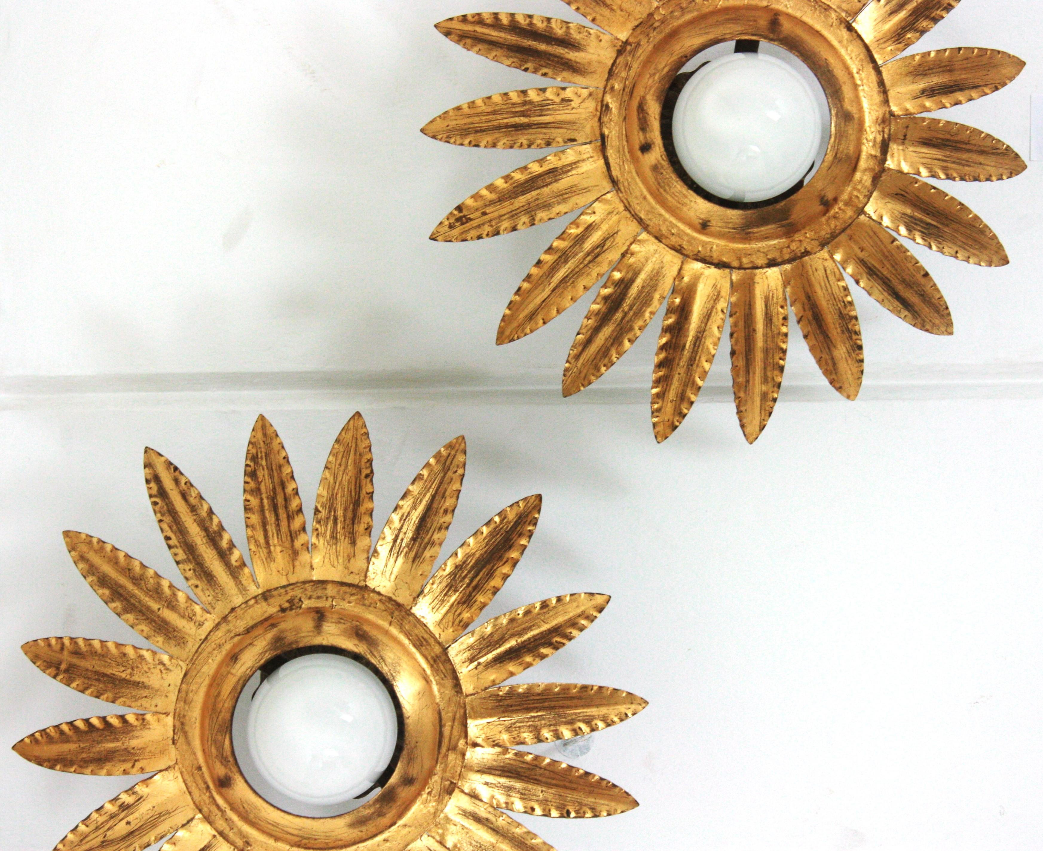 Paire de luminaires ou pendentifs à fleurs Sunburst en métal doré Bon état - En vente à Barcelona, ES