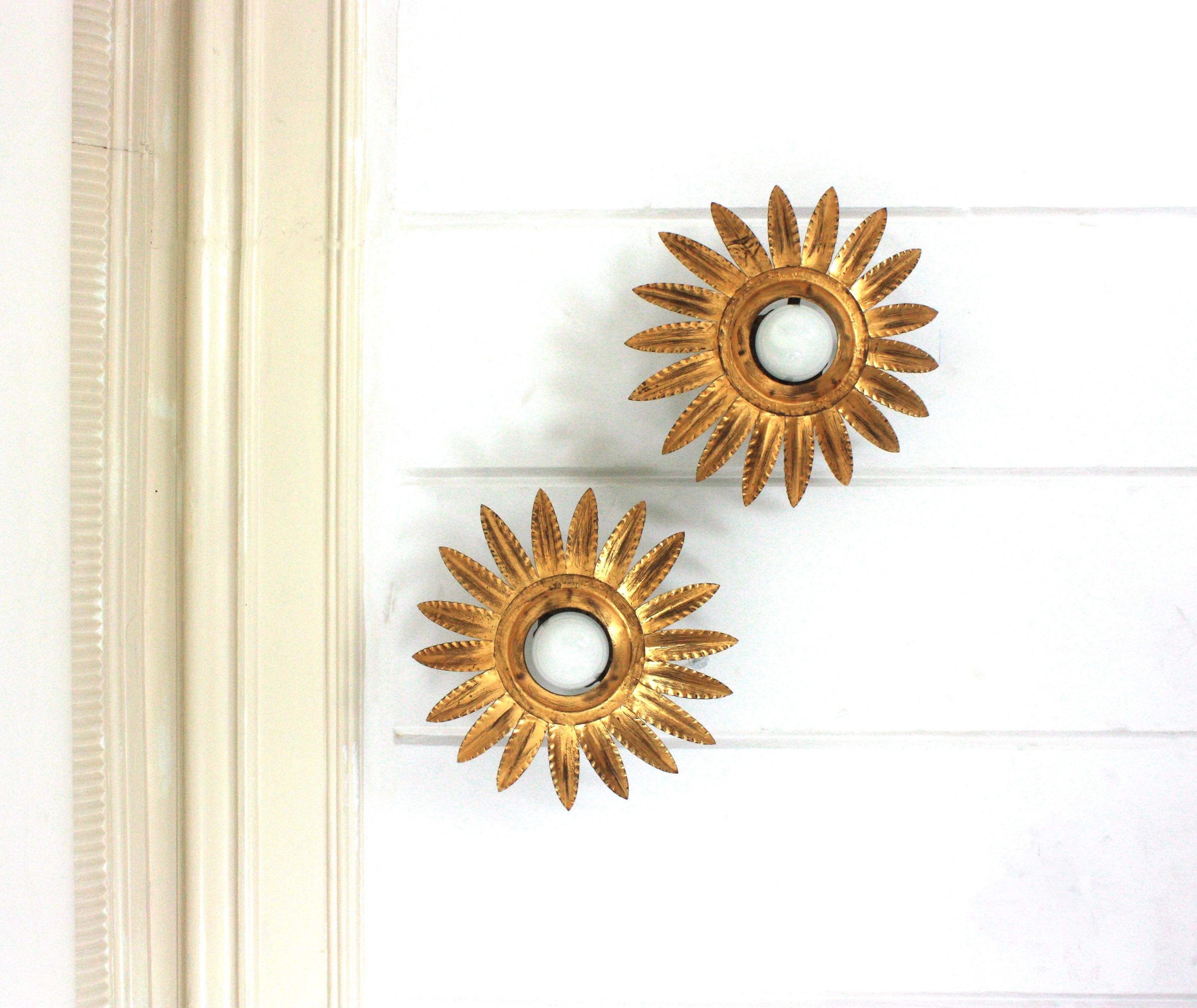 20ième siècle Paire de luminaires ou pendentifs à fleurs Sunburst en métal doré en vente