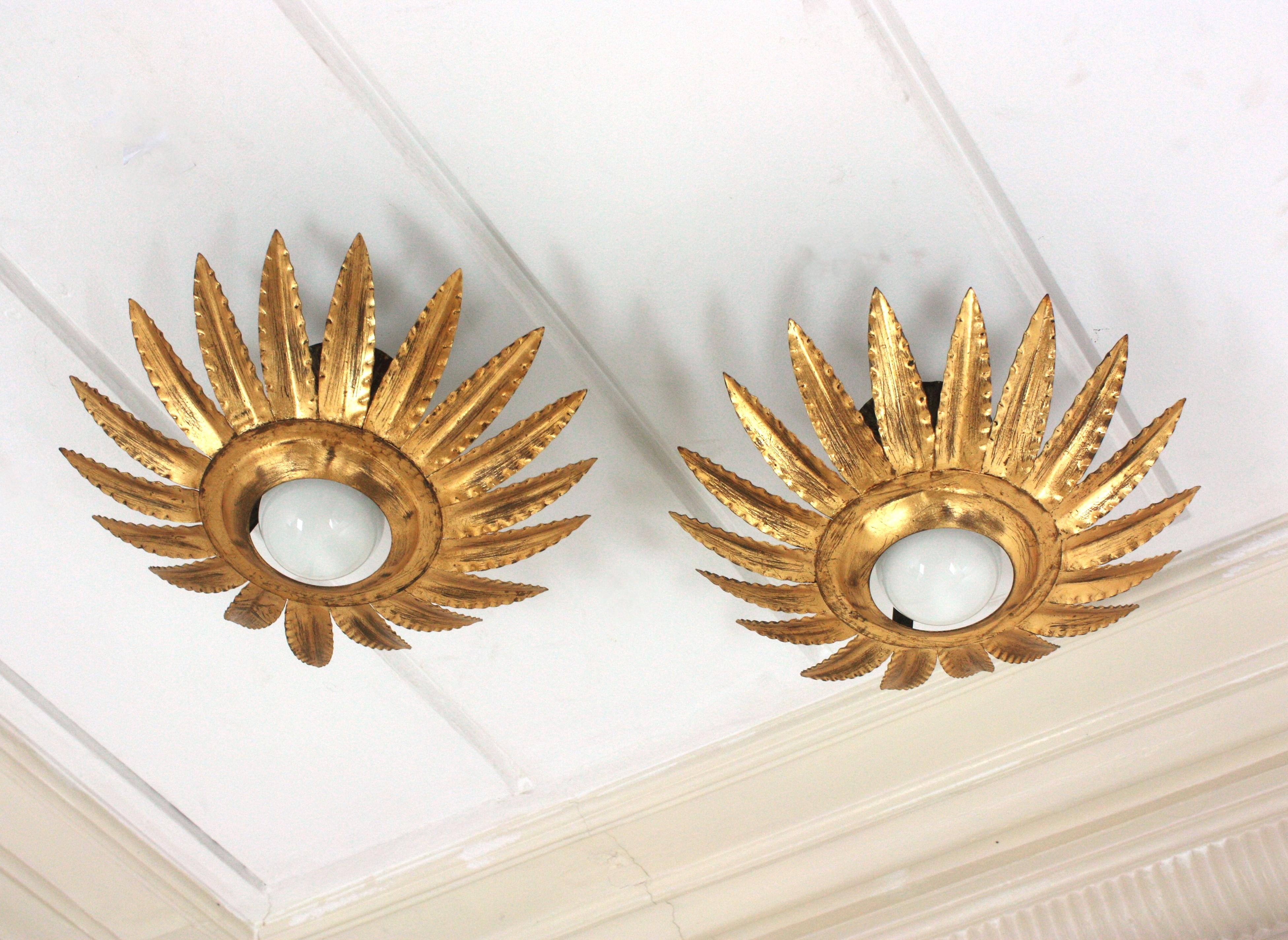 Métal Paire de luminaires ou pendentifs à fleurs Sunburst en métal doré en vente