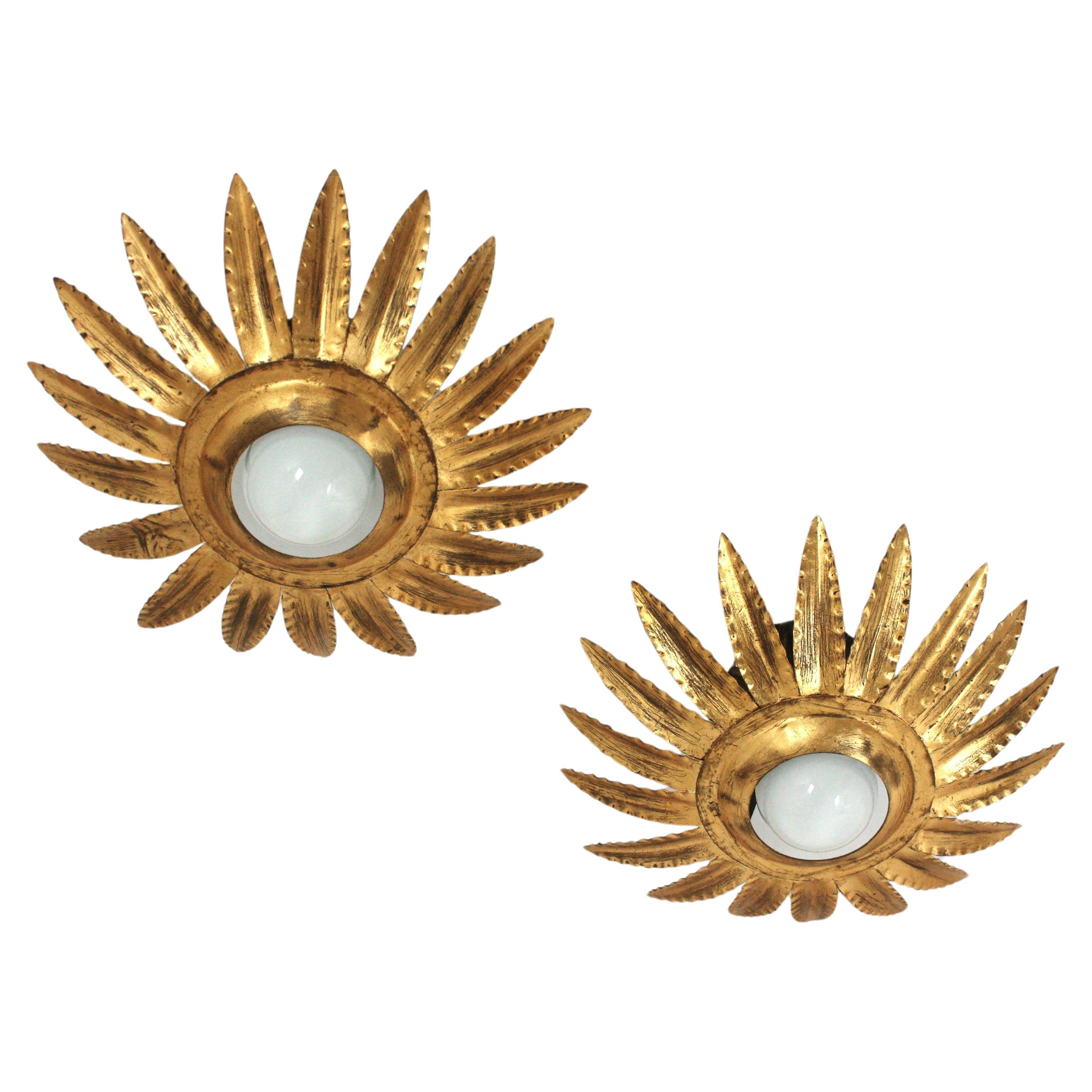 Paire de luminaires ou pendentifs à fleurs Sunburst en métal doré en vente
