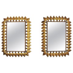Pair of Sunburst Rectangular Mirrors in Gilt Iron, Hollywood Regency