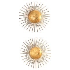 Pair of Sunburst Wall or Ceiling Lamps in Gilt Iron from 1940's, France