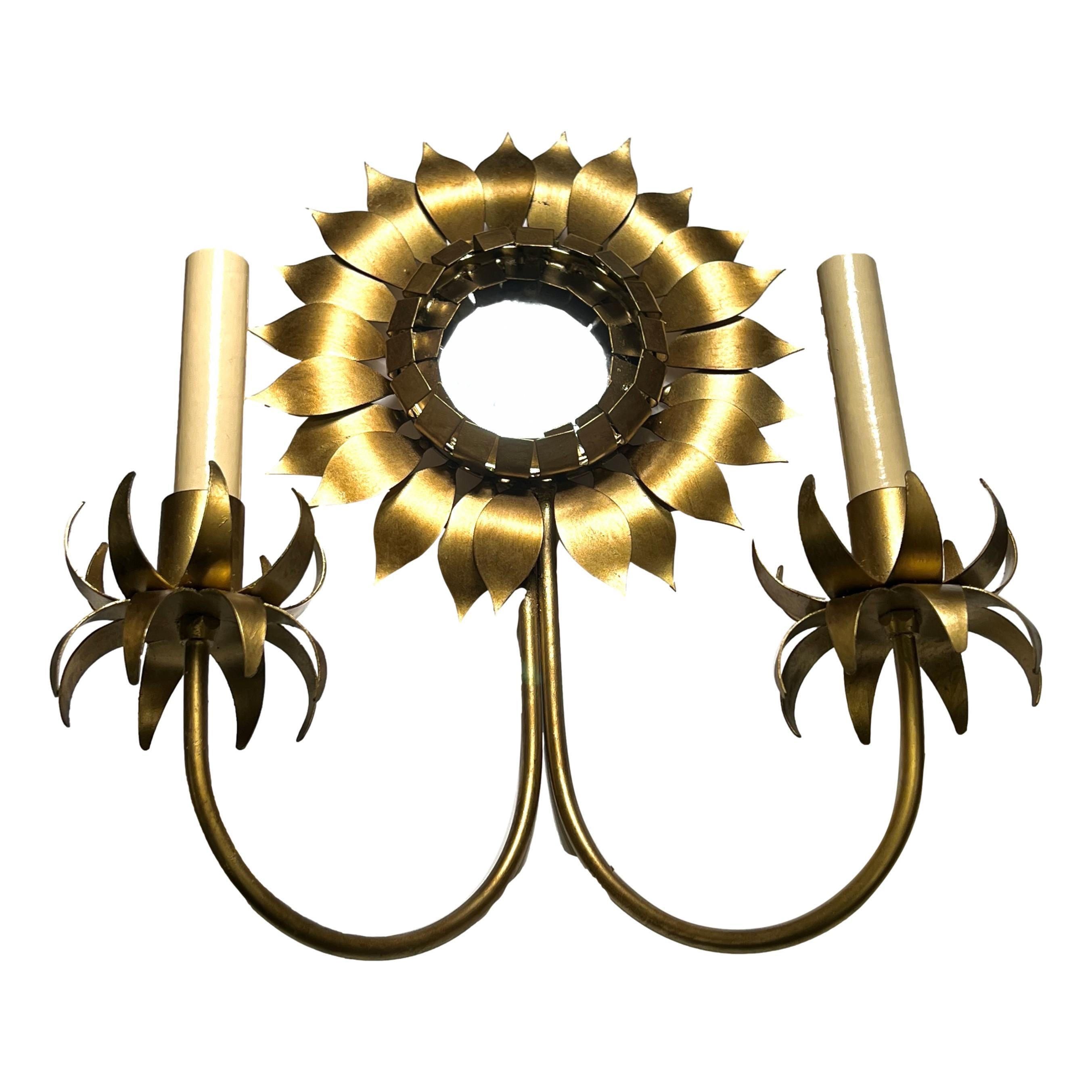 Gilt Pair of Sunflower Shaped Sconces For Sale
