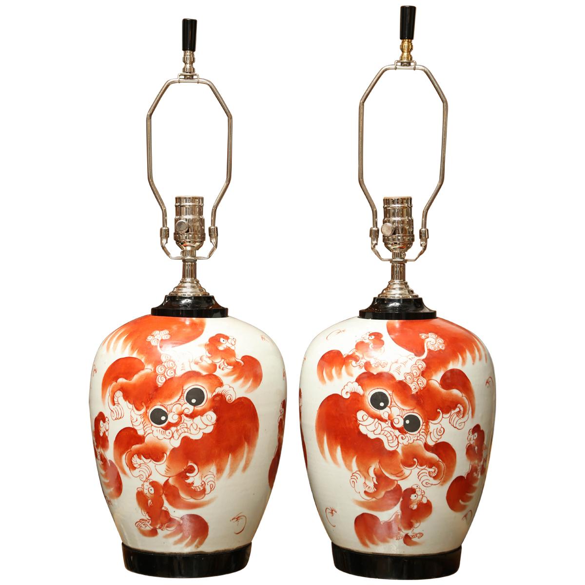 Pair of Super Chinese Dragon Ginger Drawer Table Lamp