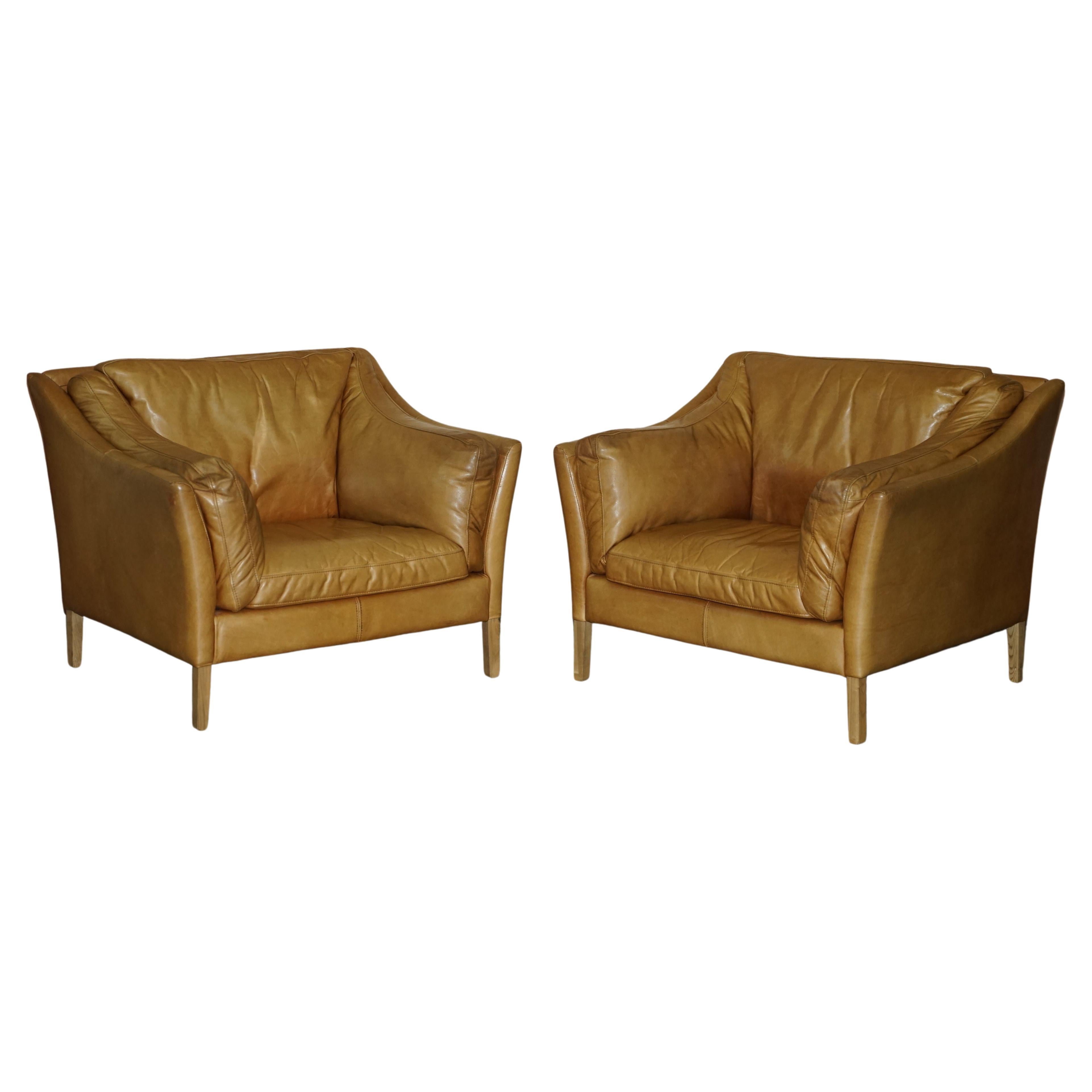 Pair of Super Comfortable Halo Reggio Tan Brown Leather Armchairs Love Seats