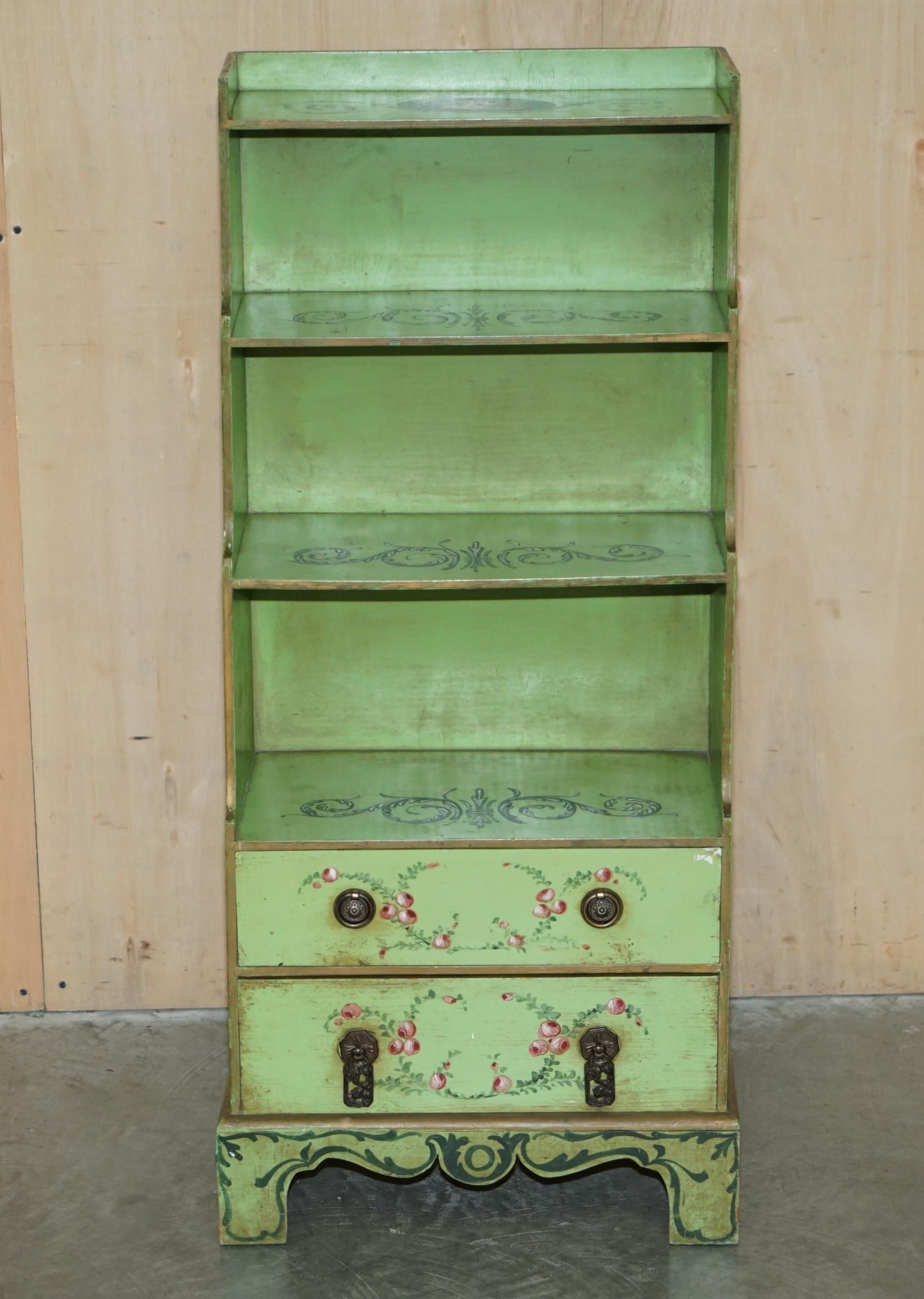 English PAIR OF SUPER RARE ANTIQUE REGENCY HAND PAINTED SHERATON WATERFALL BOOKCASEs For Sale