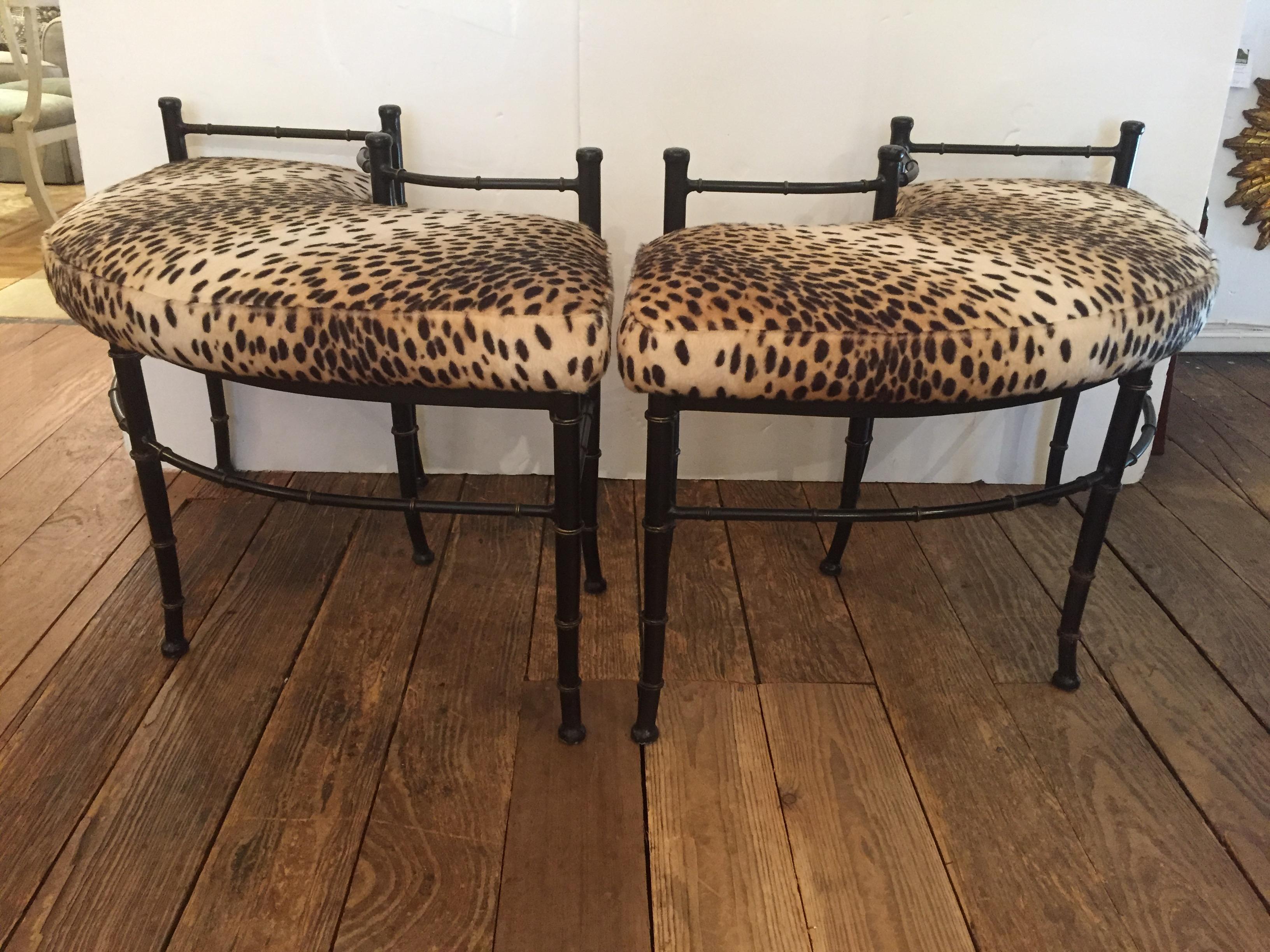 Hollywood Regency Pair of Super Sexy Curved Faux Bamboo Metal and Animal Print Fireplace Benches