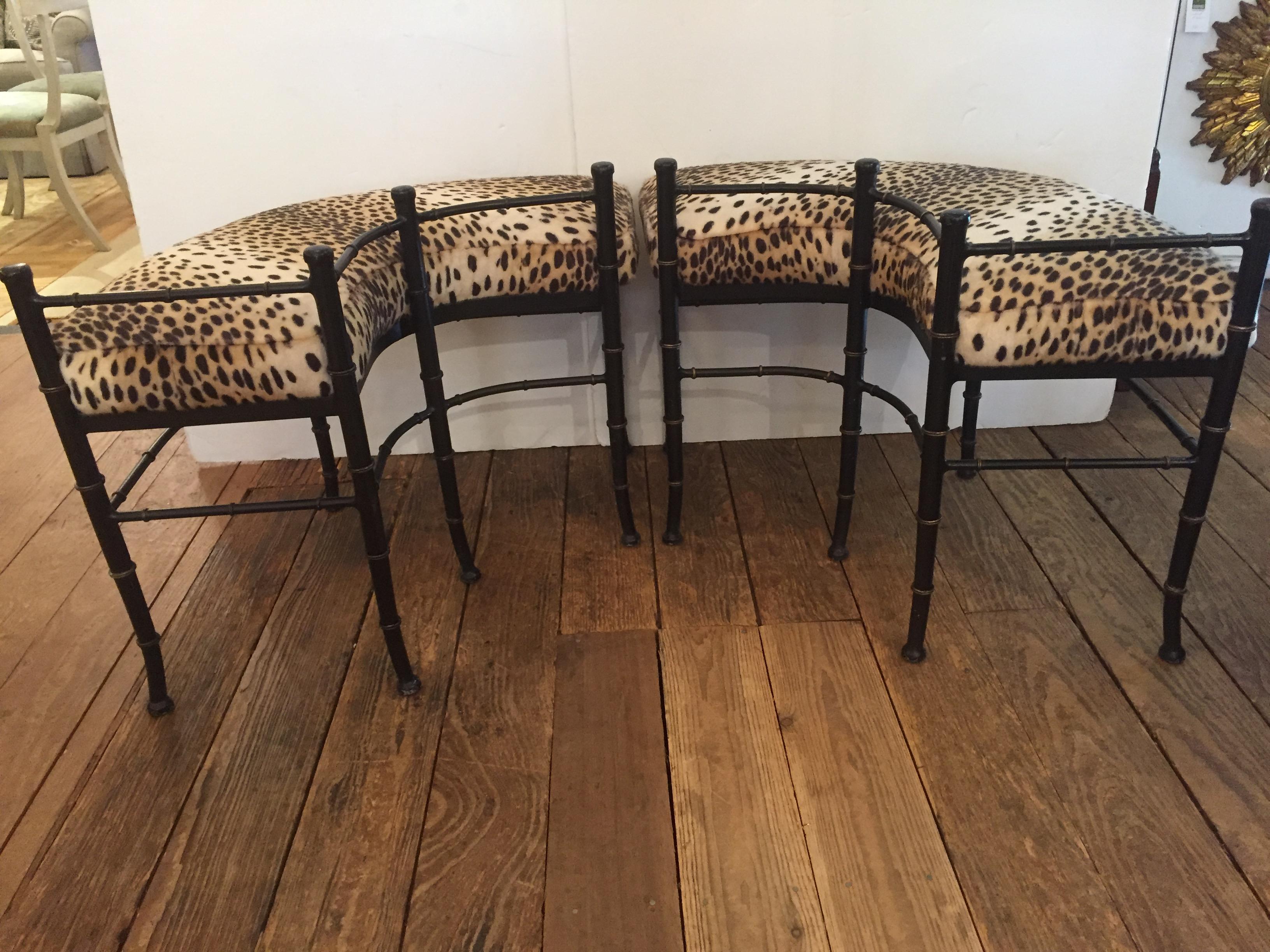 American Pair of Super Sexy Curved Faux Bamboo Metal and Animal Print Fireplace Benches