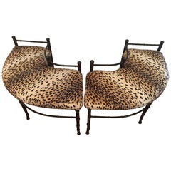 Vintage Pair of Super Sexy Curved Faux Bamboo Metal and Animal Print Fireplace Benches