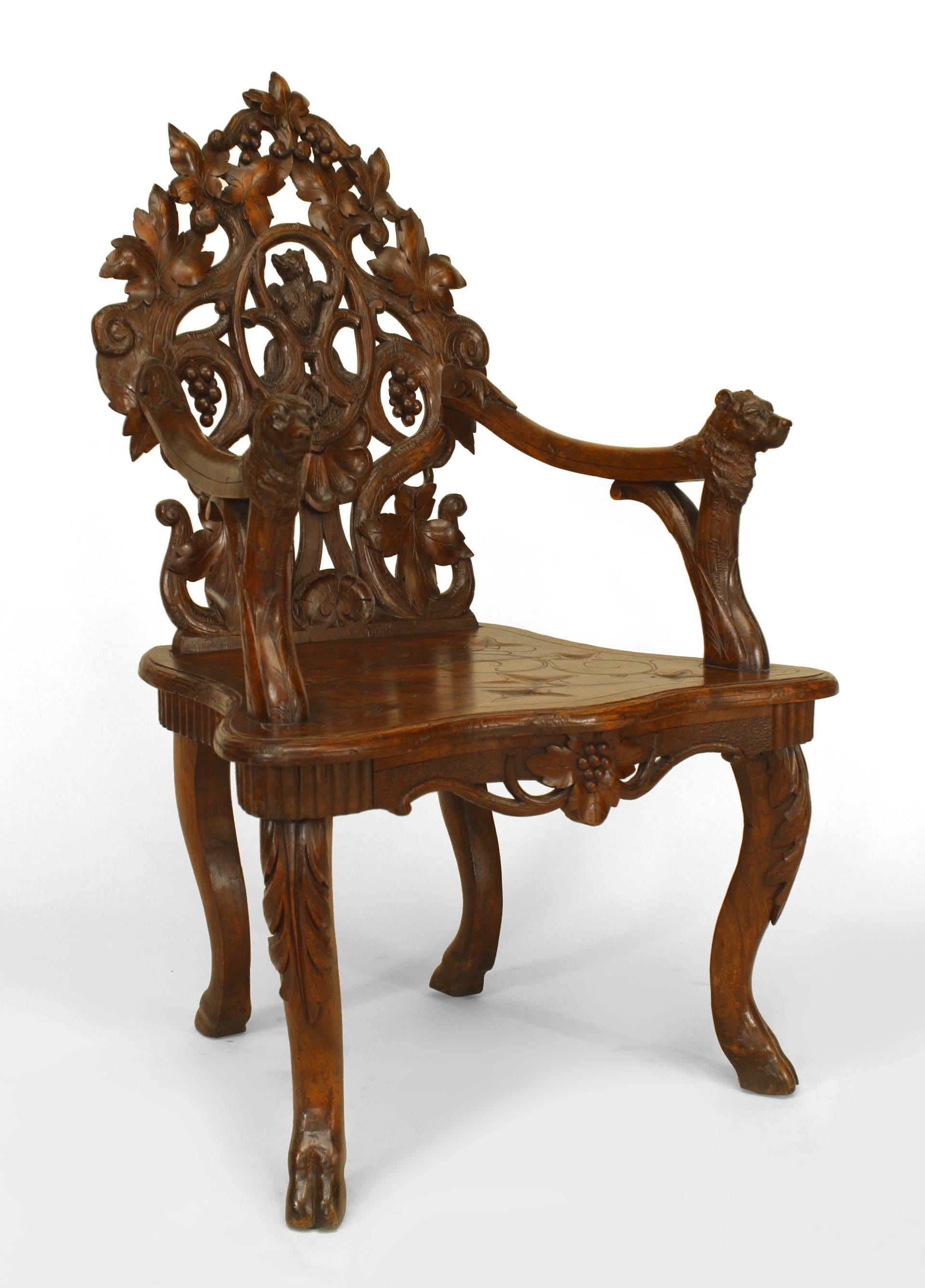 German Pair of Rustic Black Forest Carved Walnut Armchairs For Sale
