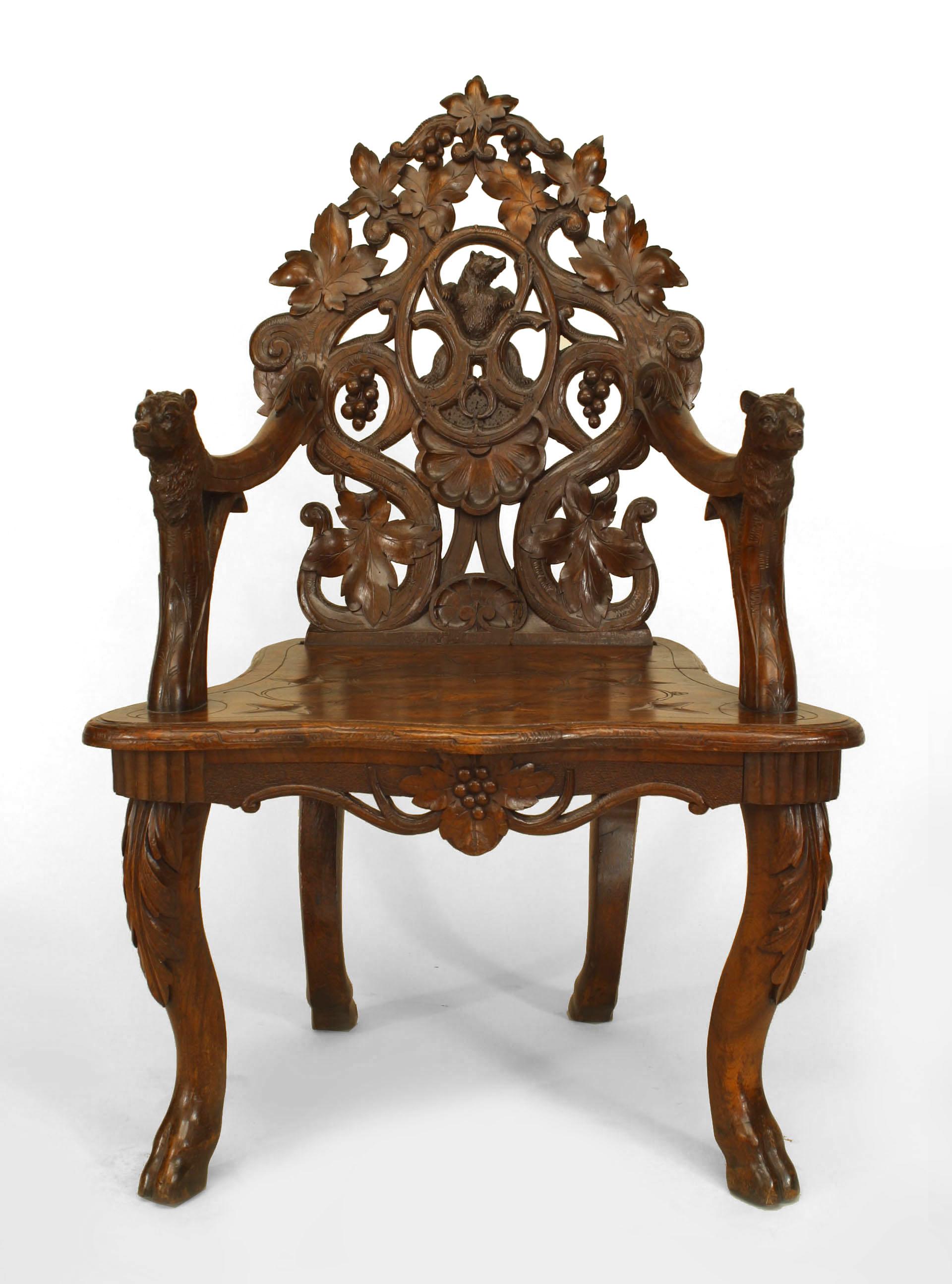Pair of Rustic Black Forest Carved Walnut Armchairs In Good Condition For Sale In New York, NY