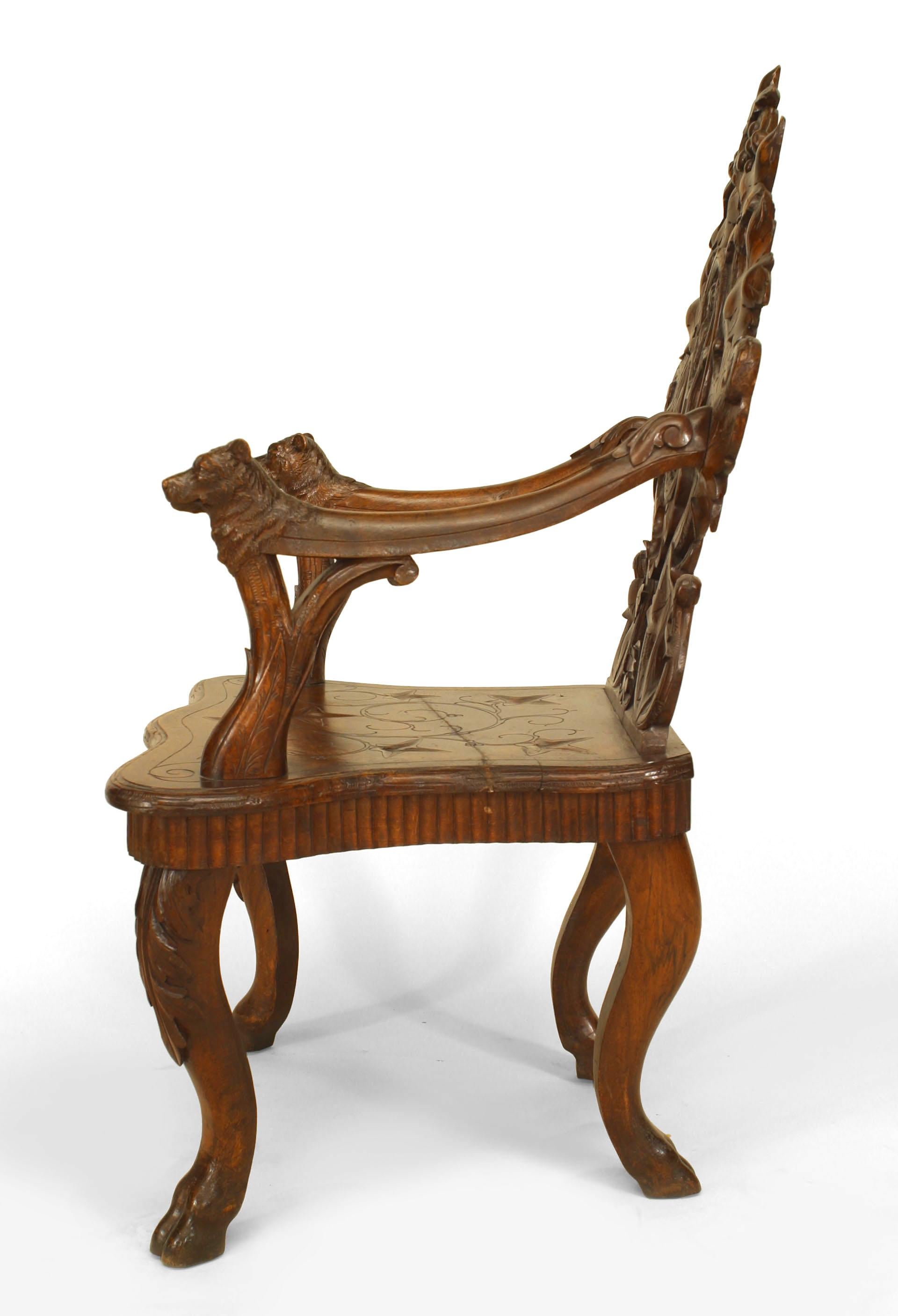19th Century Pair of Rustic Black Forest Carved Walnut Armchairs For Sale