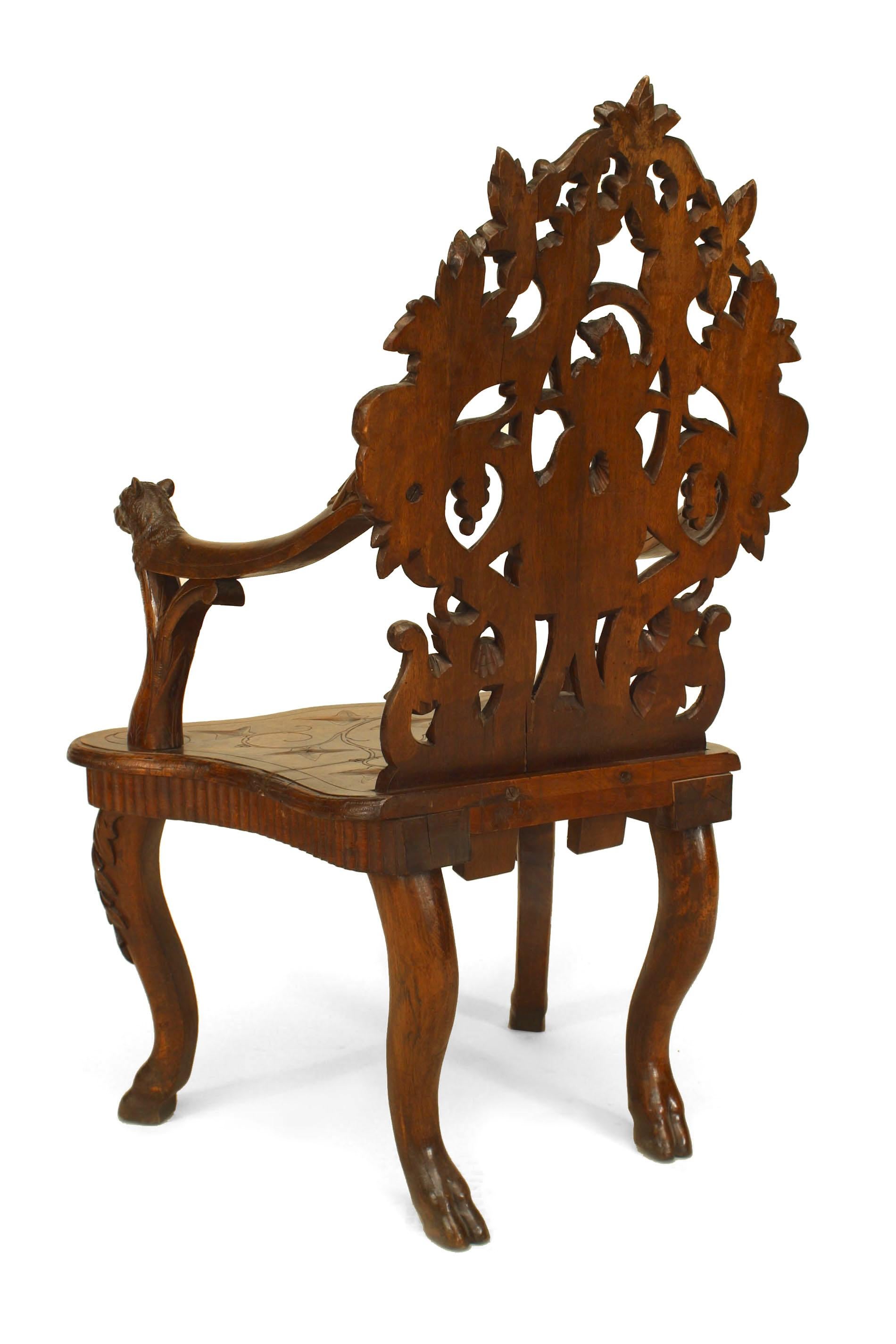 Pair of Rustic Black Forest Carved Walnut Armchairs For Sale 1