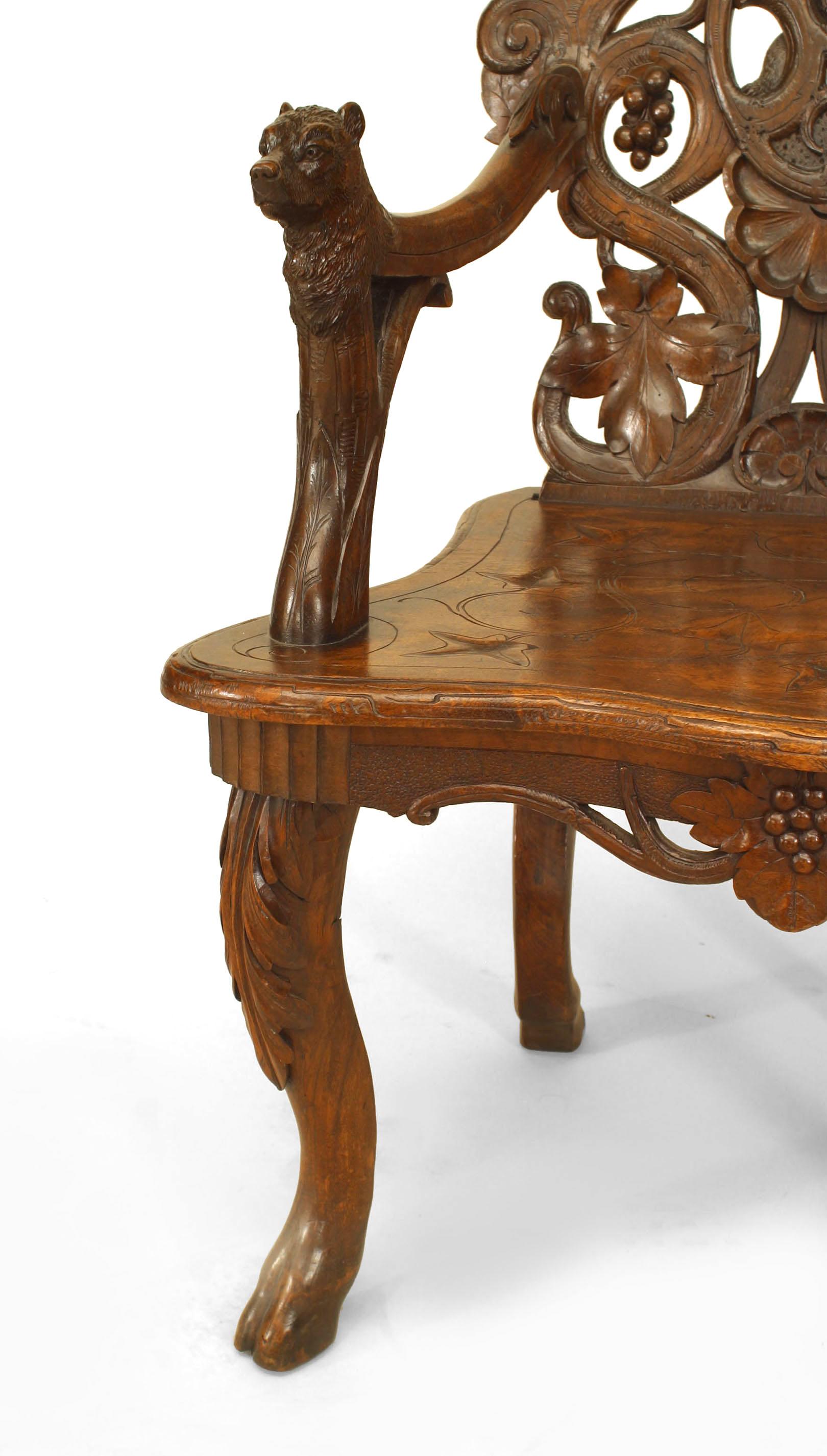Pair of Rustic Black Forest Carved Walnut Armchairs For Sale 3