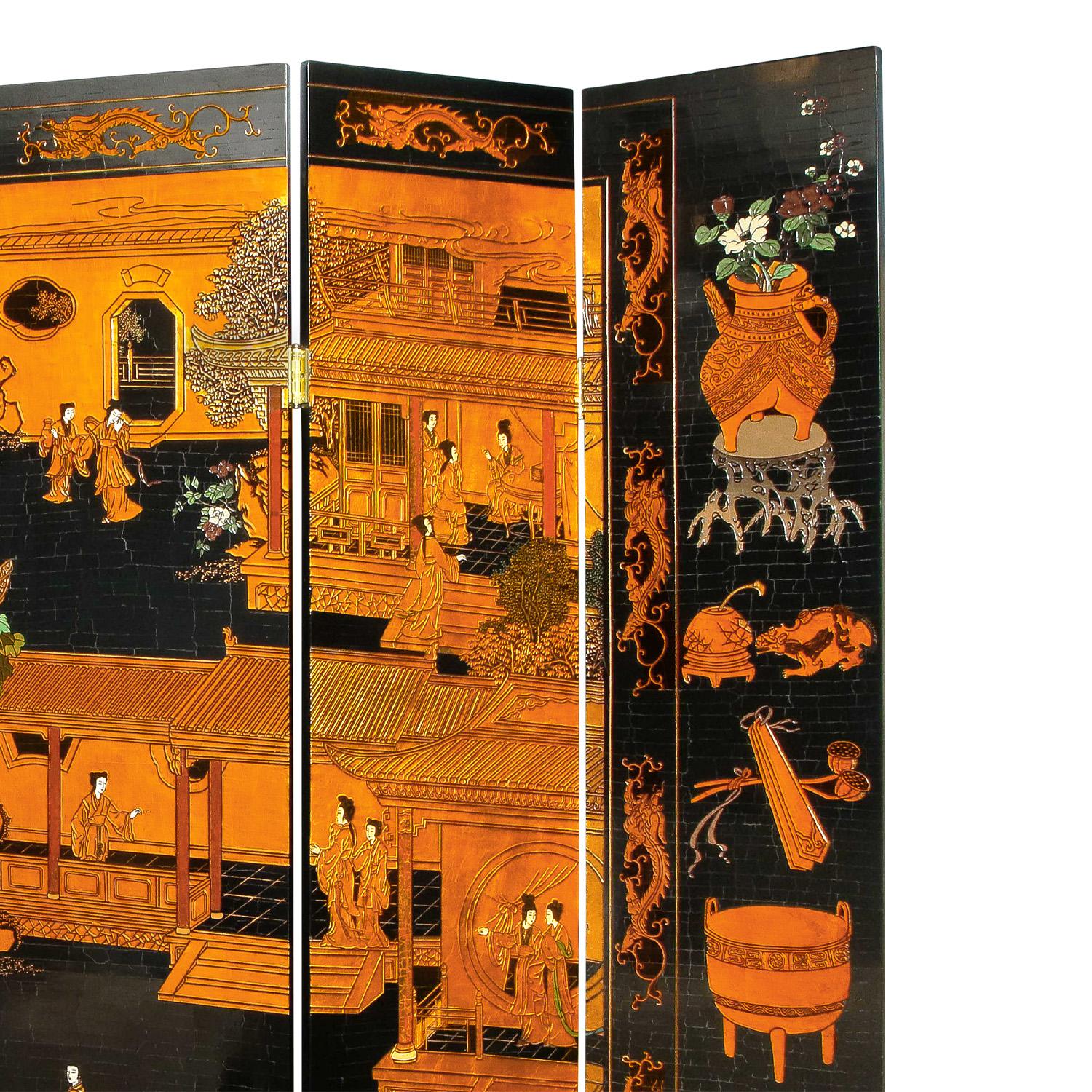 Pair of impressive custom order 6 panel screens (12 panels total) with continuous scene, black lacquer with carved Chinese scene with opulent gold and multicolor enamels with brass sabots and hinges, sold through the Karl Springer NYC showroom,