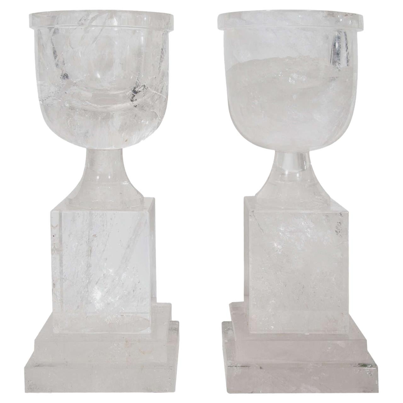 Pair of Superb and Unusual Art Deco Style Cut Rock Crystal Urns