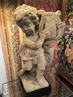 Pair of Superb Antique Cement Putti Table Lamps with Custom Wood Bases