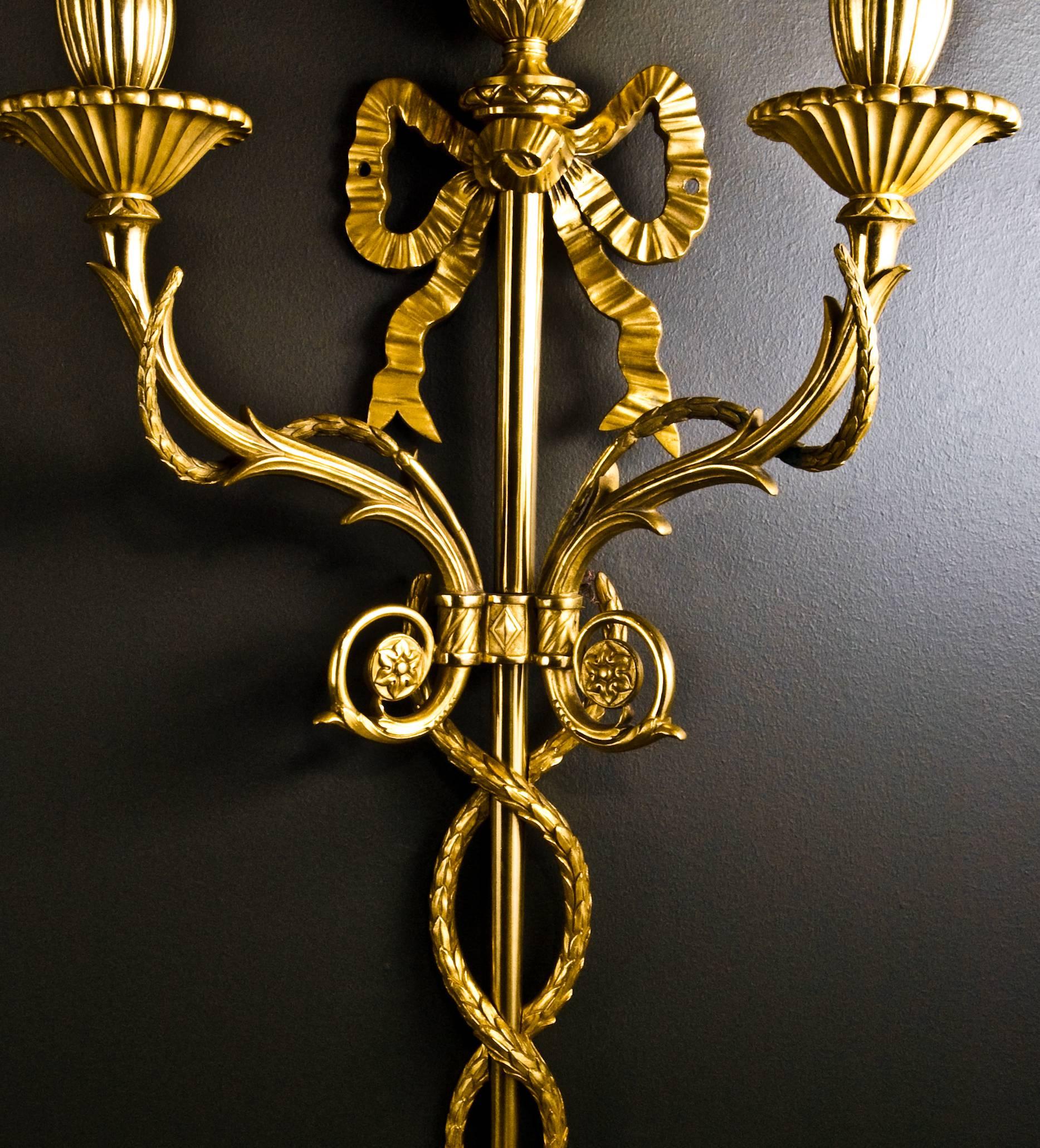 Pair of Superb Antique French Louis XVI Style Gilt Bronze Two-Light Wall Sconces (Französisch)