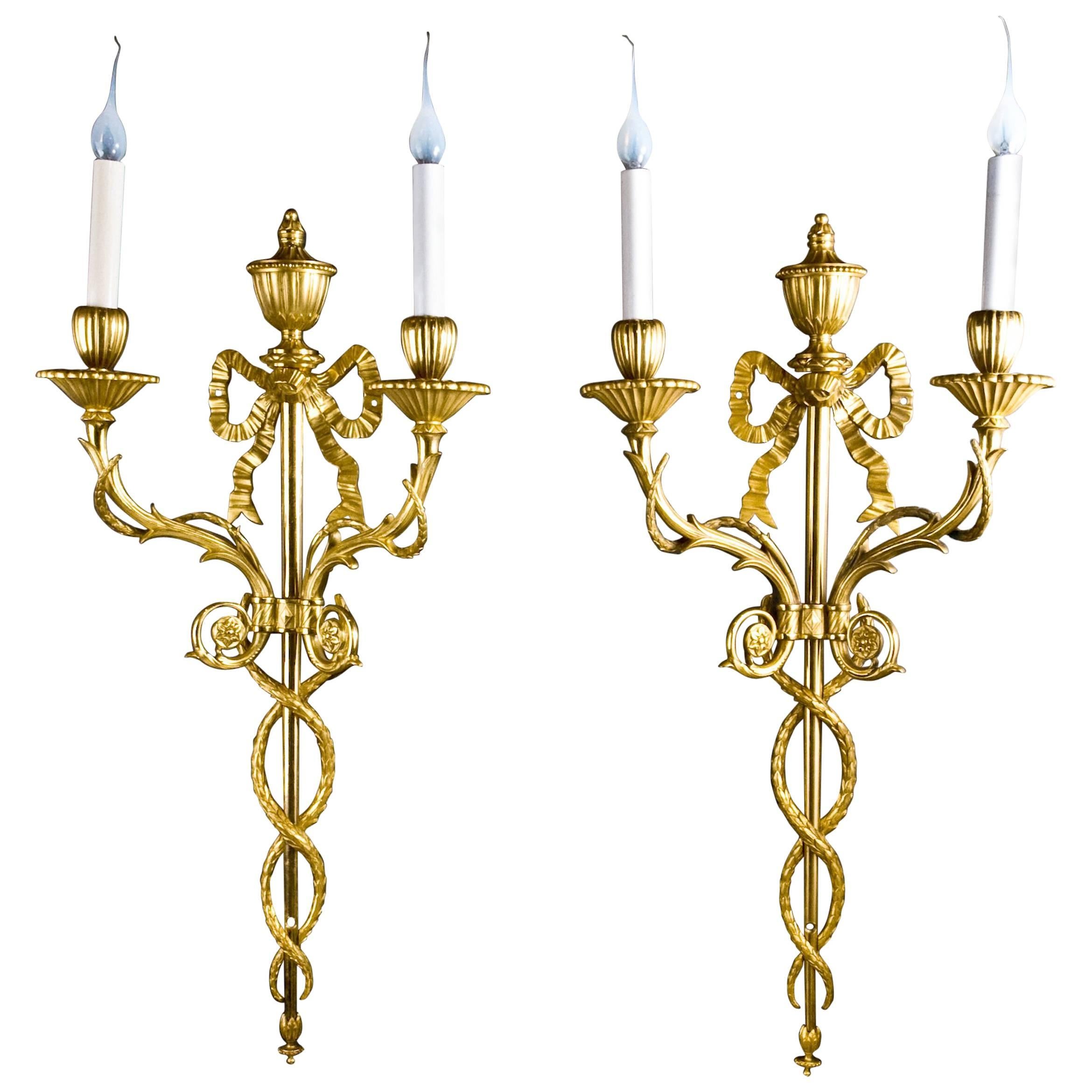 Pair of Superb Antique French Louis XVI Style Gilt Bronze Two-Light Wall Sconces