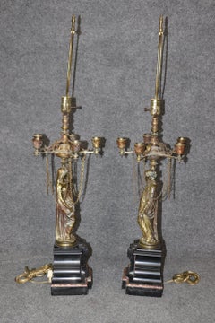 Pair of Superb Bronze and Marble Figural Maiden Form French Table Lamps