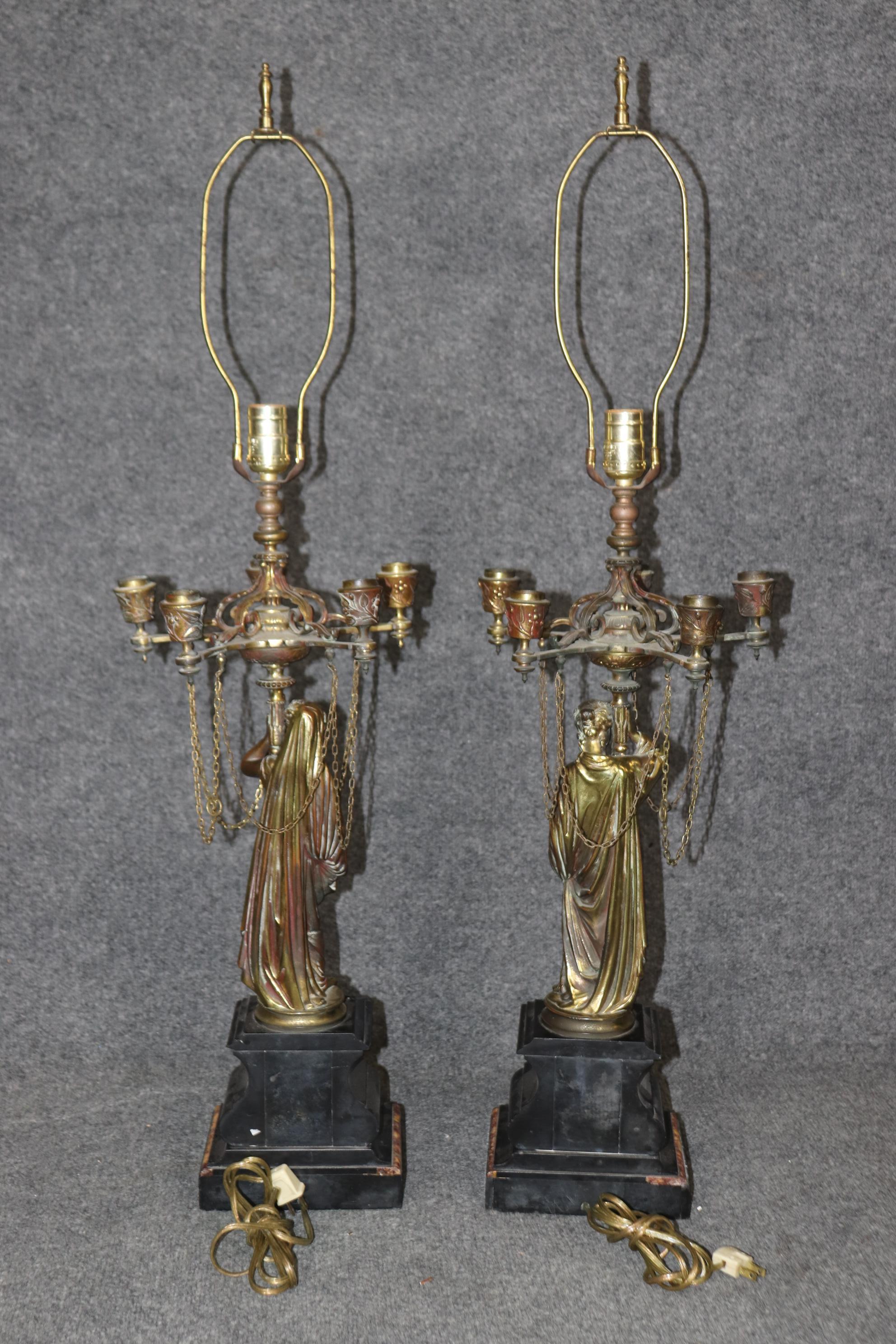 Neoclassical Revival Pair of Superb Bronze and Marble Figural Maiden Form French Table Lamps For Sale