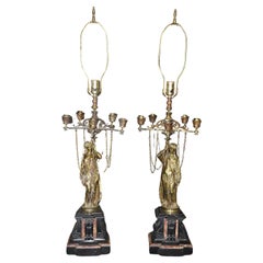 Antique Pair of Superb Bronze and Marble Figural Maiden Form French Table Lamps