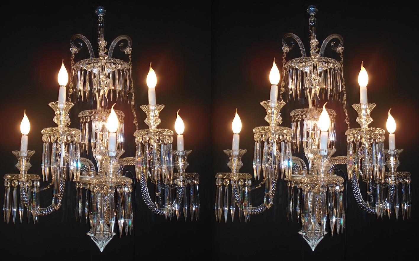 20th Century Pair of Superb French Baccarat Crystal Five-Light Sconces For Sale