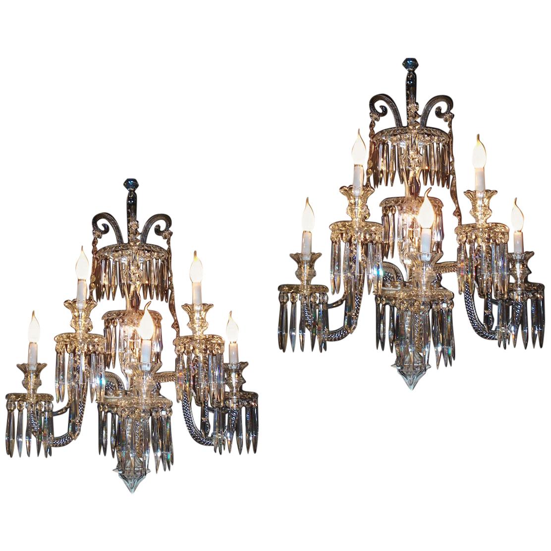 Pair of Superb French Baccarat Crystal Five-Light Sconces