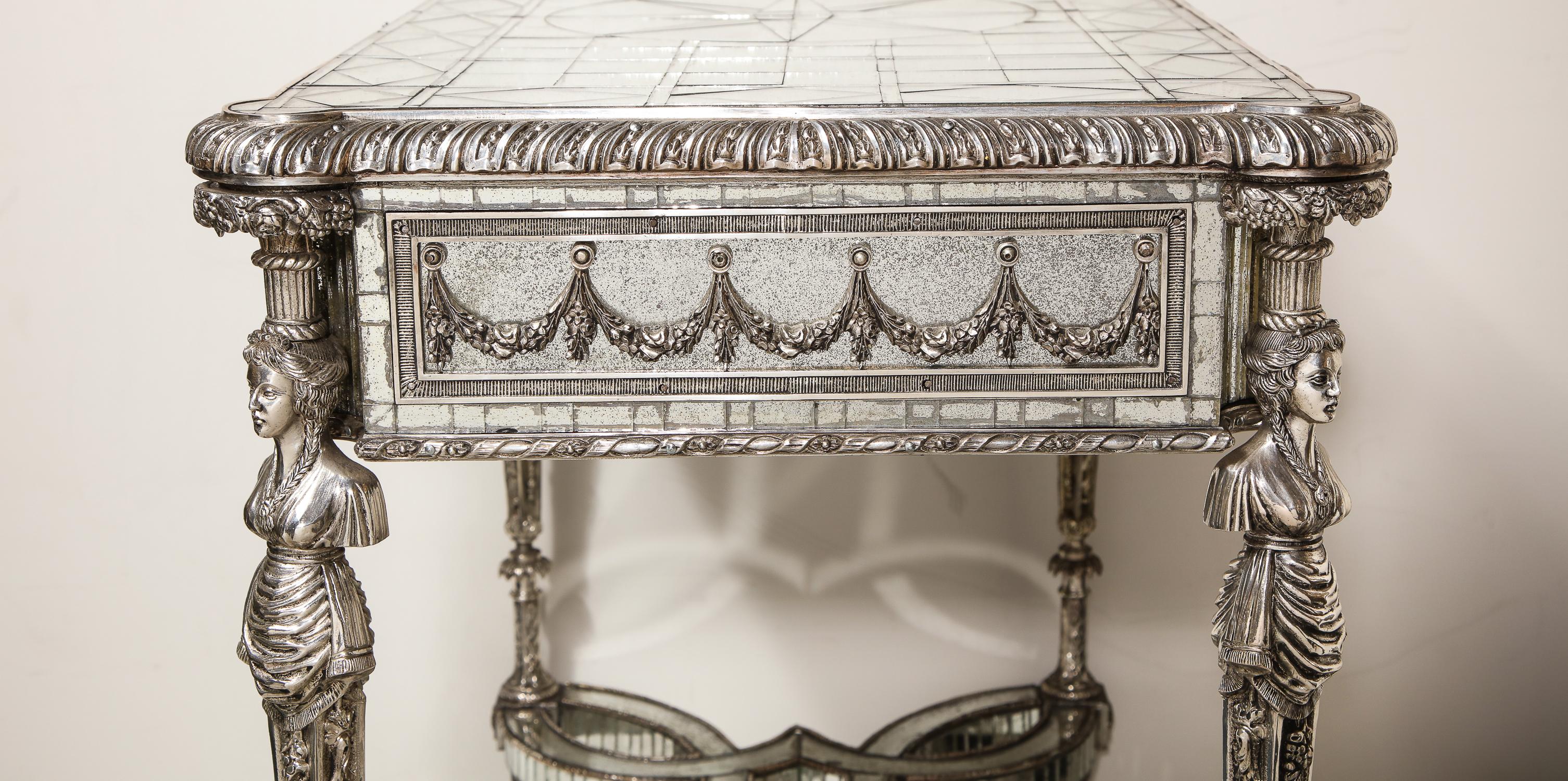 Pair of Superb French Louis XVI Style Silver Bronze and Antiqued Mirrored Tables For Sale 8