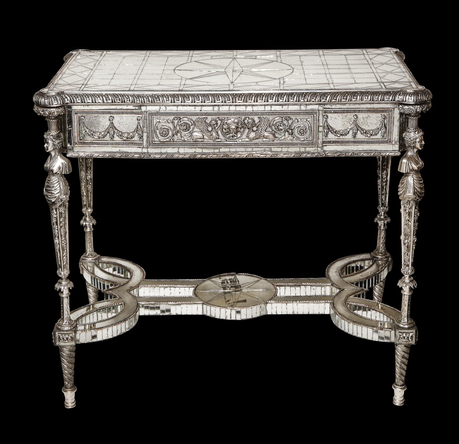 Hand-Crafted Pair of Superb French Louis XVI Style Silver Bronze and Antiqued Mirrored Tables For Sale