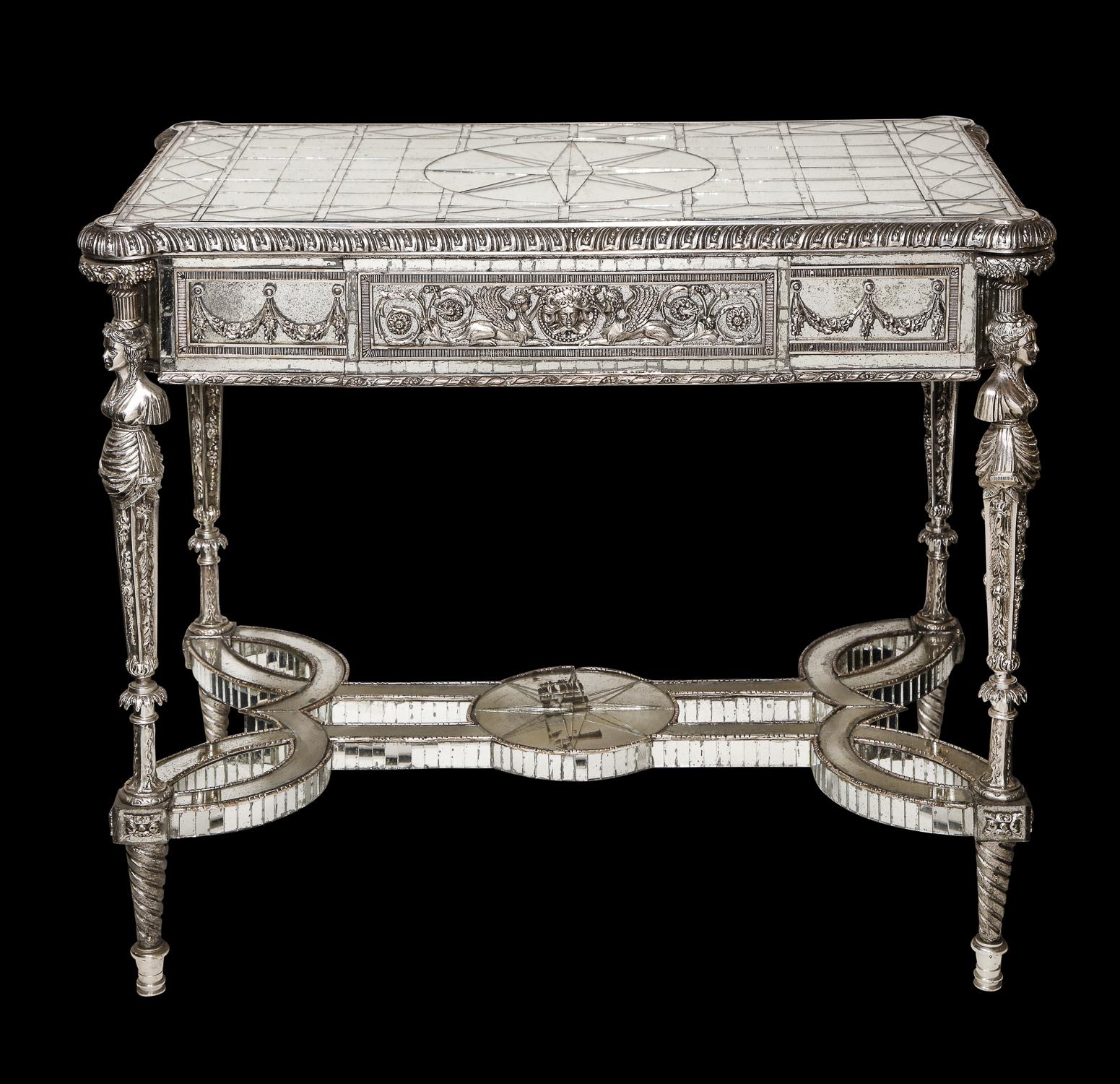 Pair of Superb French Louis XVI Style Silver Bronze and Antiqued Mirrored Tables In Good Condition For Sale In New York, NY