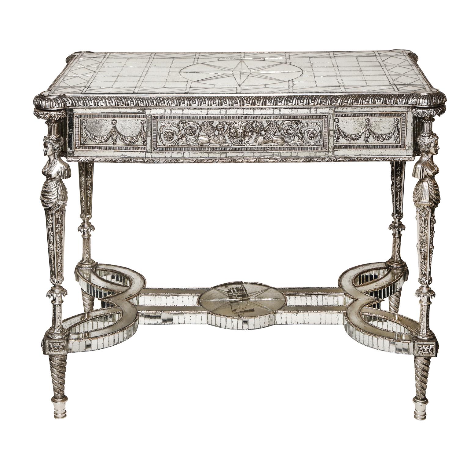 20th Century Pair of Superb French Louis XVI Style Silver Bronze and Antiqued Mirrored Tables For Sale