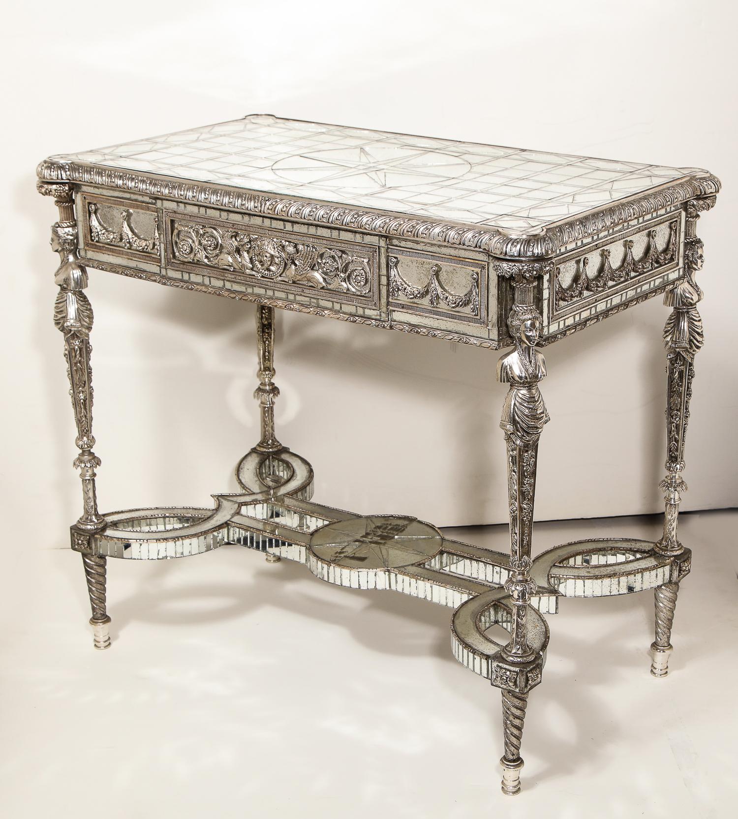 Pair of Superb French Louis XVI Style Silver Bronze and Antiqued Mirrored Tables For Sale 1