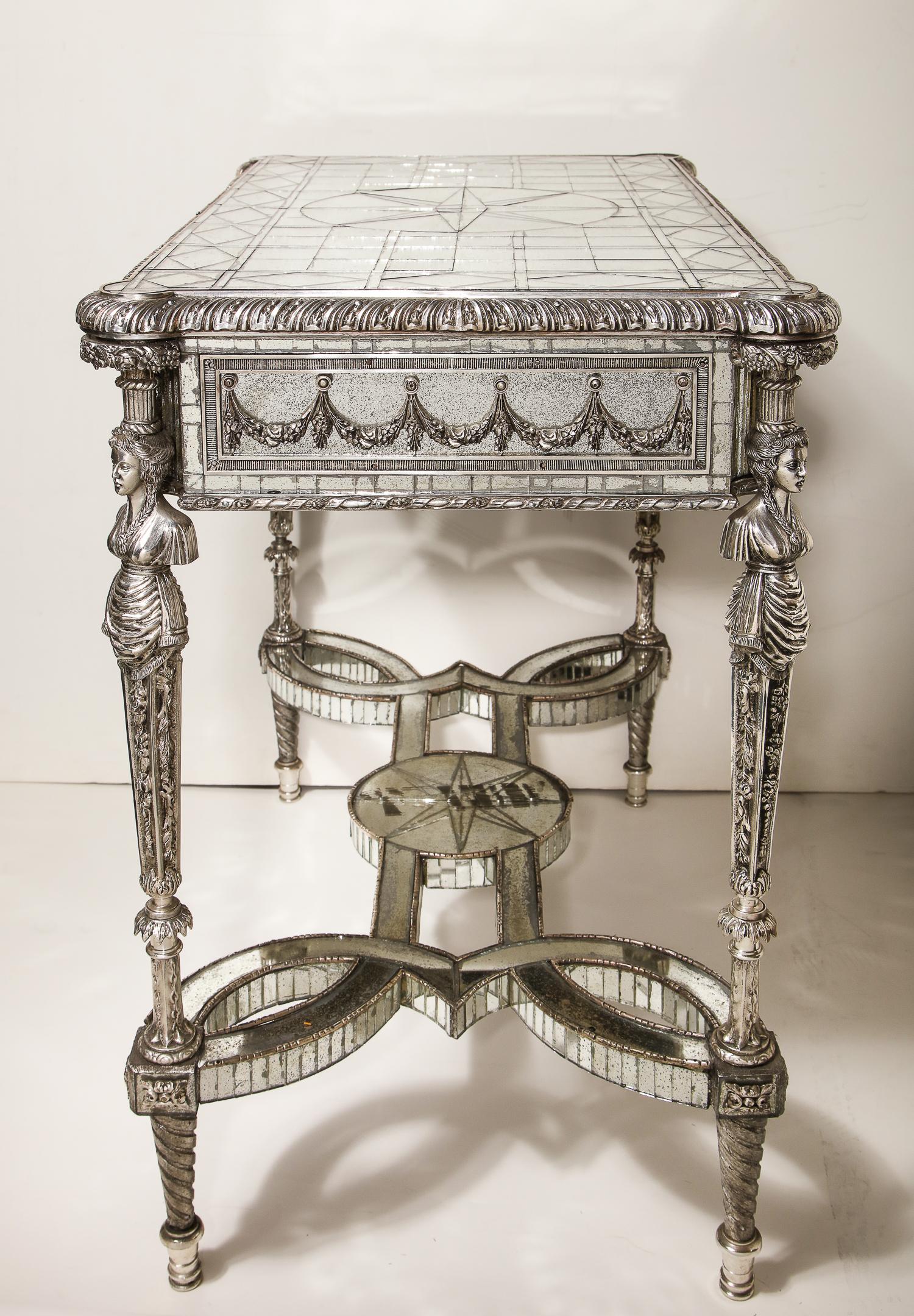 Pair of Superb French Louis XVI Style Silver Bronze and Antiqued Mirrored Tables For Sale 3