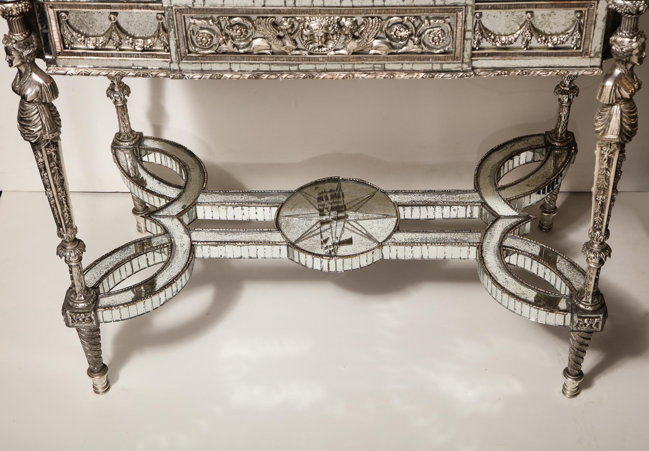 Pair of Superb French Louis XVI Style Silver Bronze and Antiqued Mirrored Tables For Sale 4