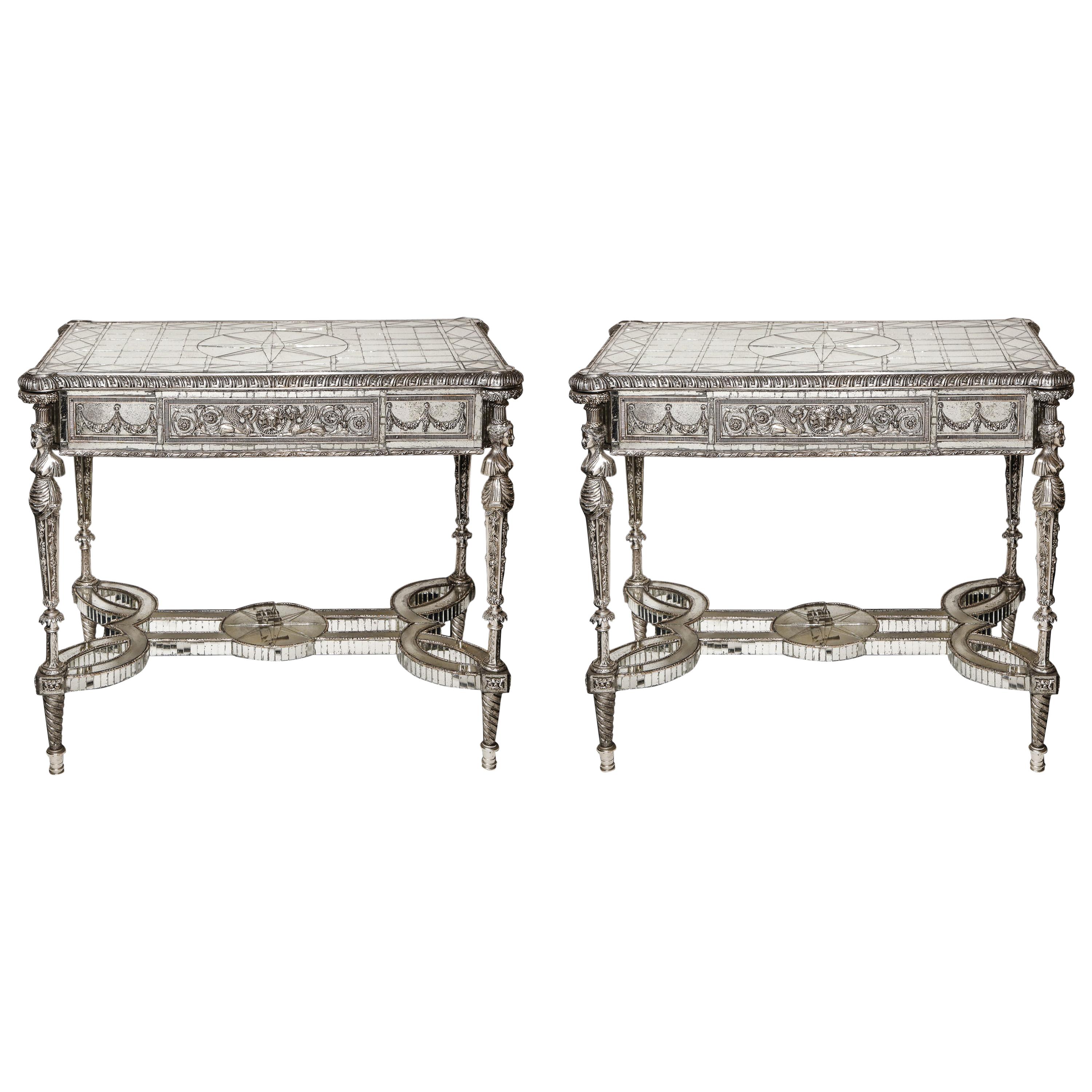 Pair of Superb French Louis XVI Style Silver Bronze and Antiqued Mirrored Tables For Sale