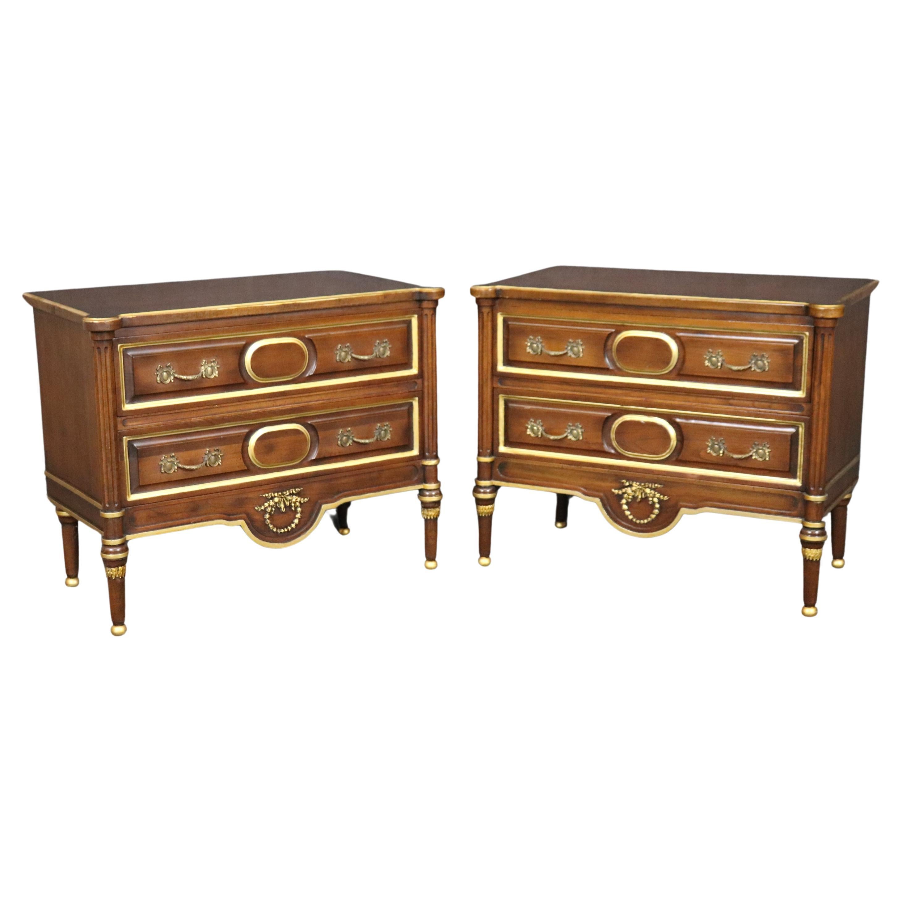 Pair of Superb Quality French Louis XVI Style Walnut and Brass Nightstands