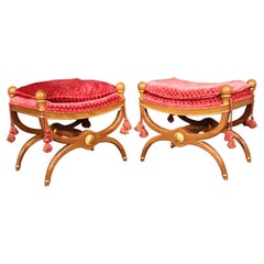 Pair of Superb Velvet Upholstered Cerule Style Gilded Walnut Benches Stools
