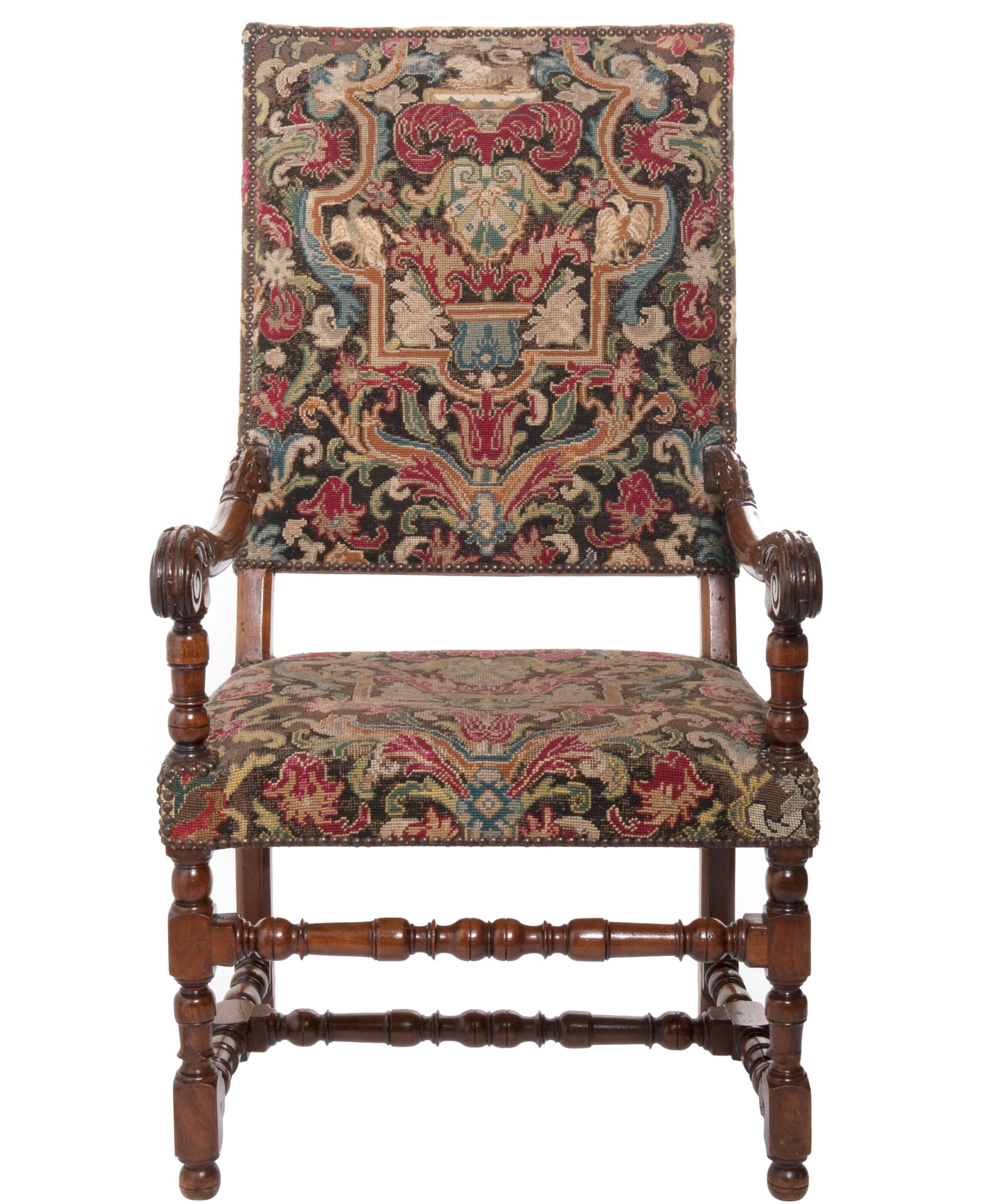 French Pair of Superb Walnut Needlepoint Louis XIV Armchairs For Sale