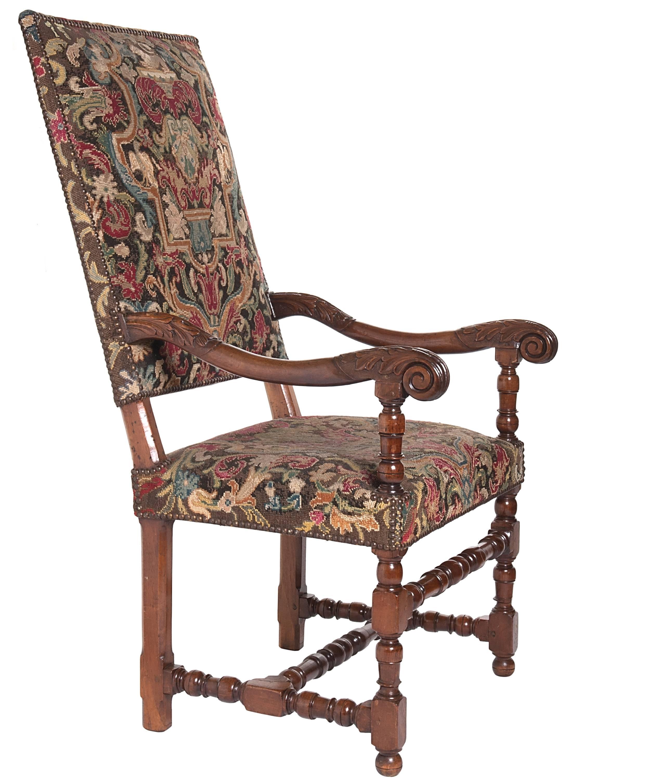 Carved Pair of Superb Walnut Needlepoint Louis XIV Armchairs For Sale