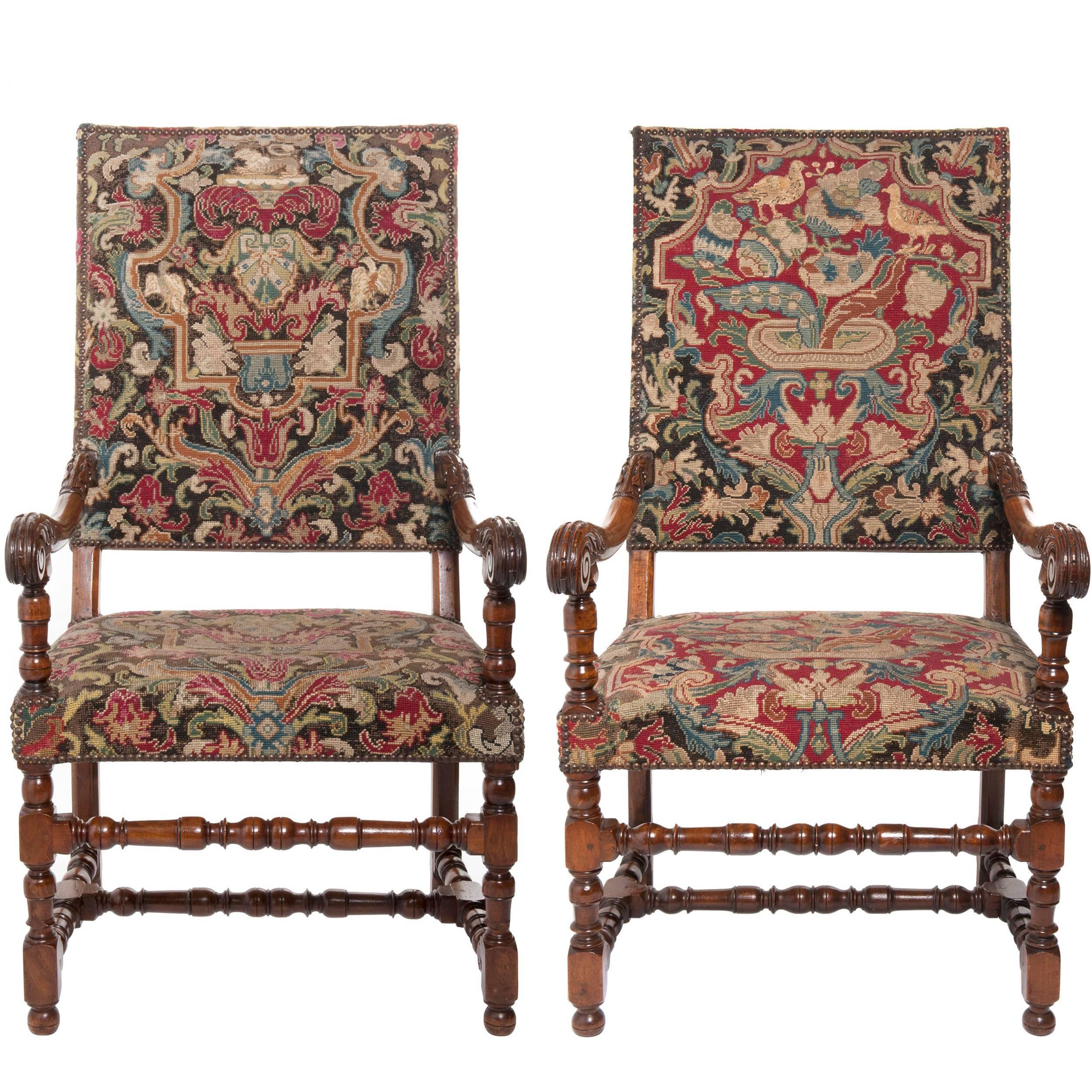 Pair of Superb Walnut Needlepoint Louis XIV Armchairs For Sale