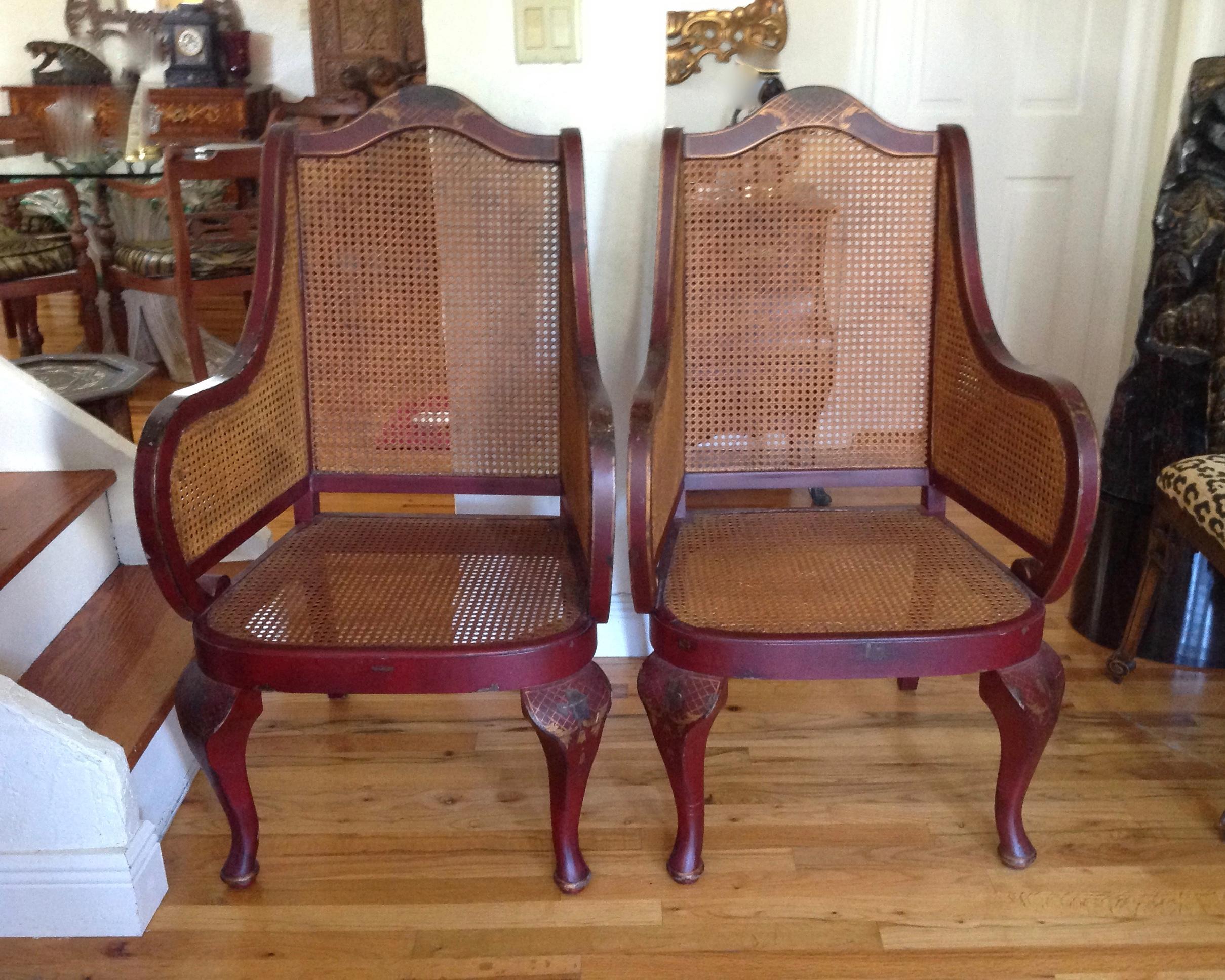 A superb pair of William IV chairs with double caned sides.
Graceful style with fine muted pen work against the red background.