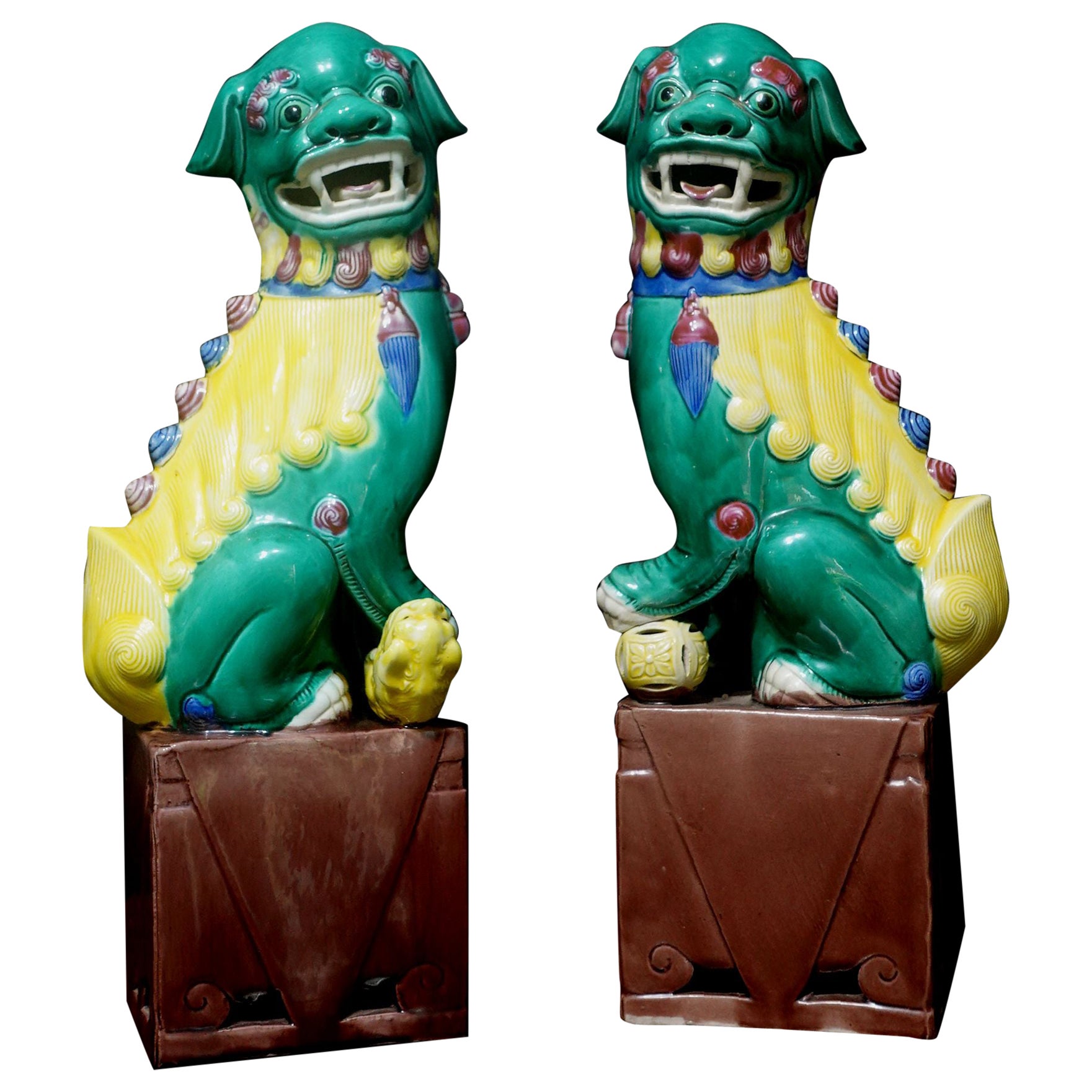 Pair of Supper Large (14.5") Chinese Famille Verte Glazed Porcelain Foo Dogs