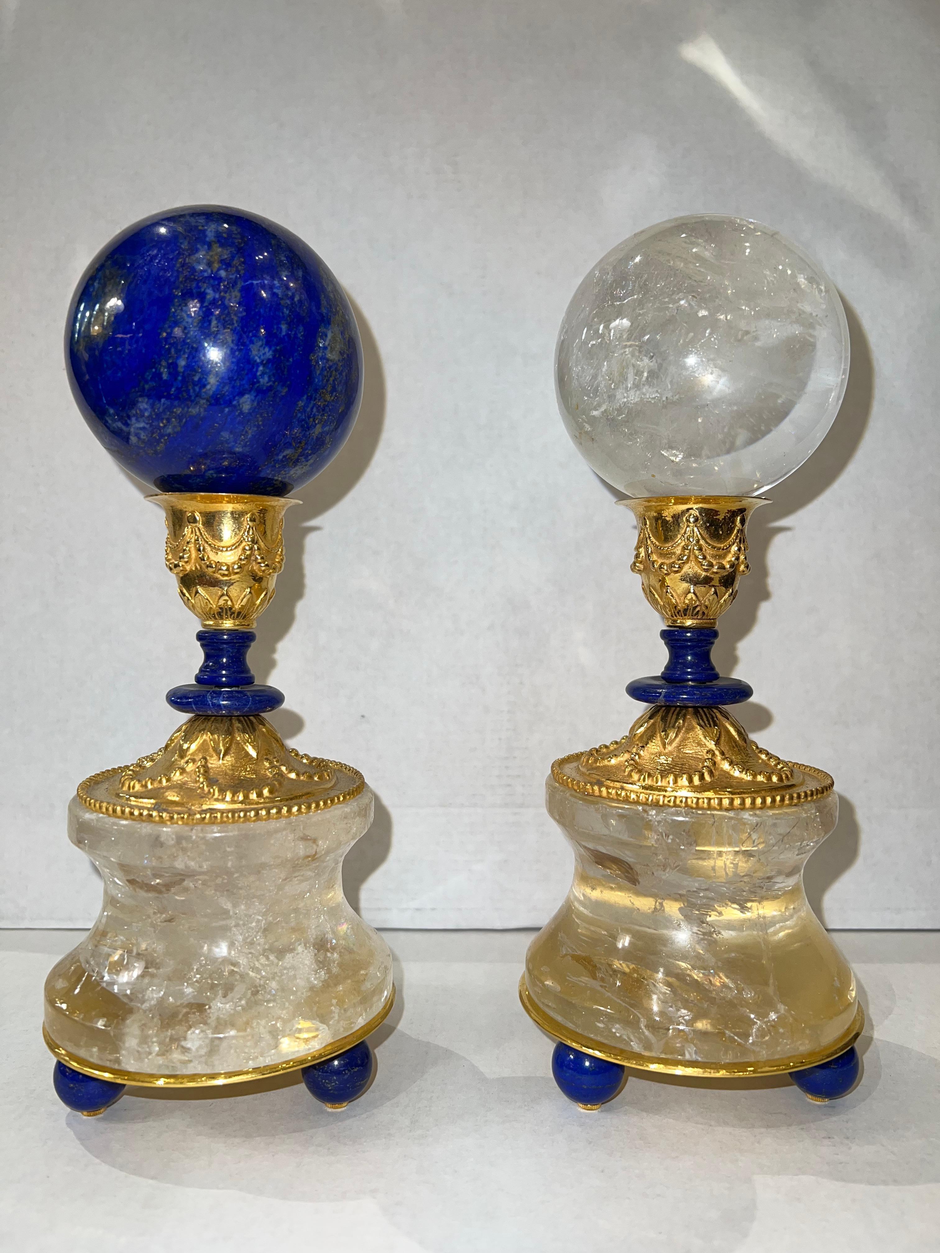 Amazing pair of rock crystal and 24 k gold-plated bronze louis the XVITH style support of a rock crystal and lapis lazuli spheres.(74 mm)
Made in PARIS.
Unique.