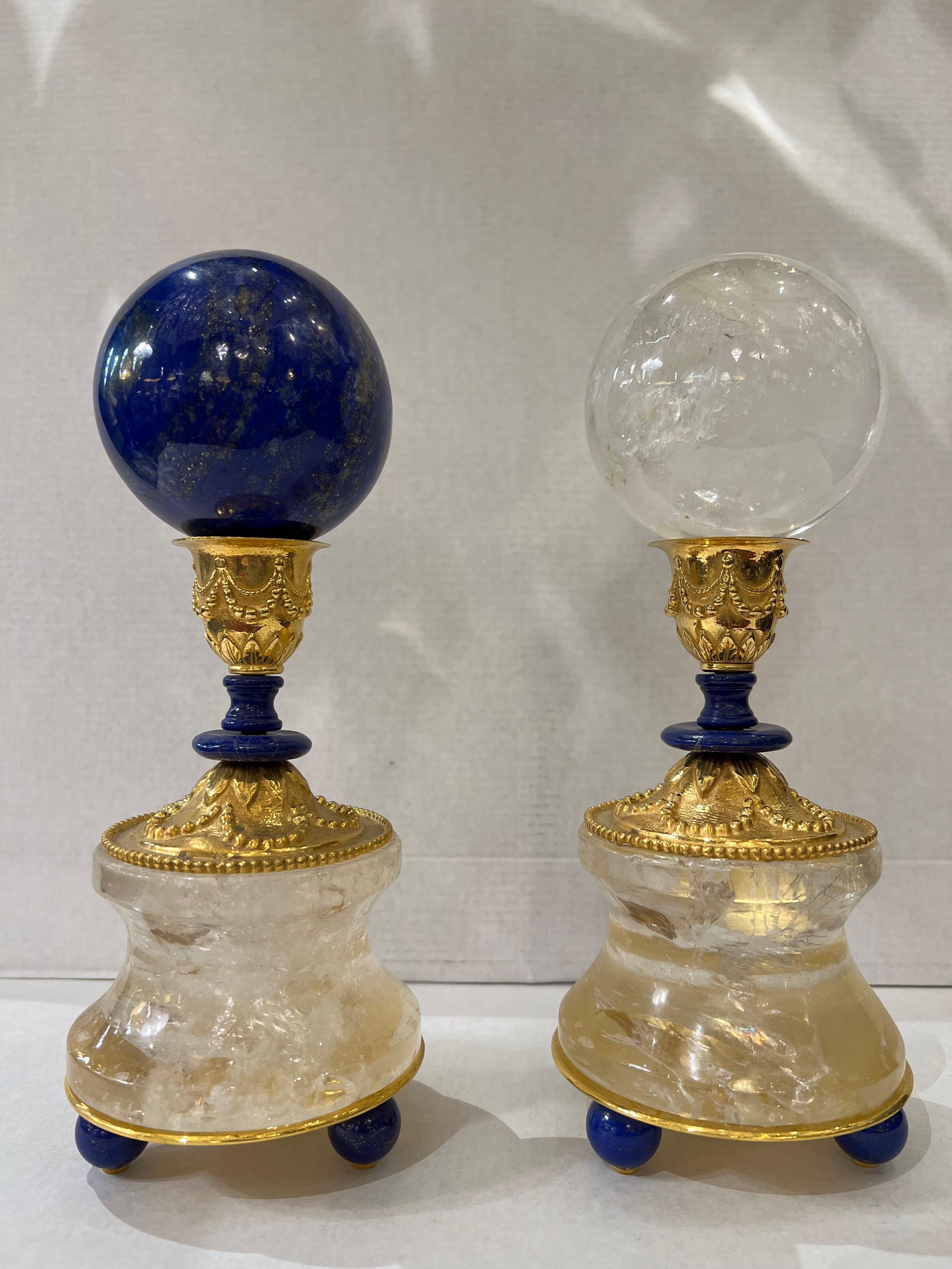 Louis XVI Pair of Support Rock Crystal and Lapis Lazuli Spheres by Alexandre Vossion For Sale