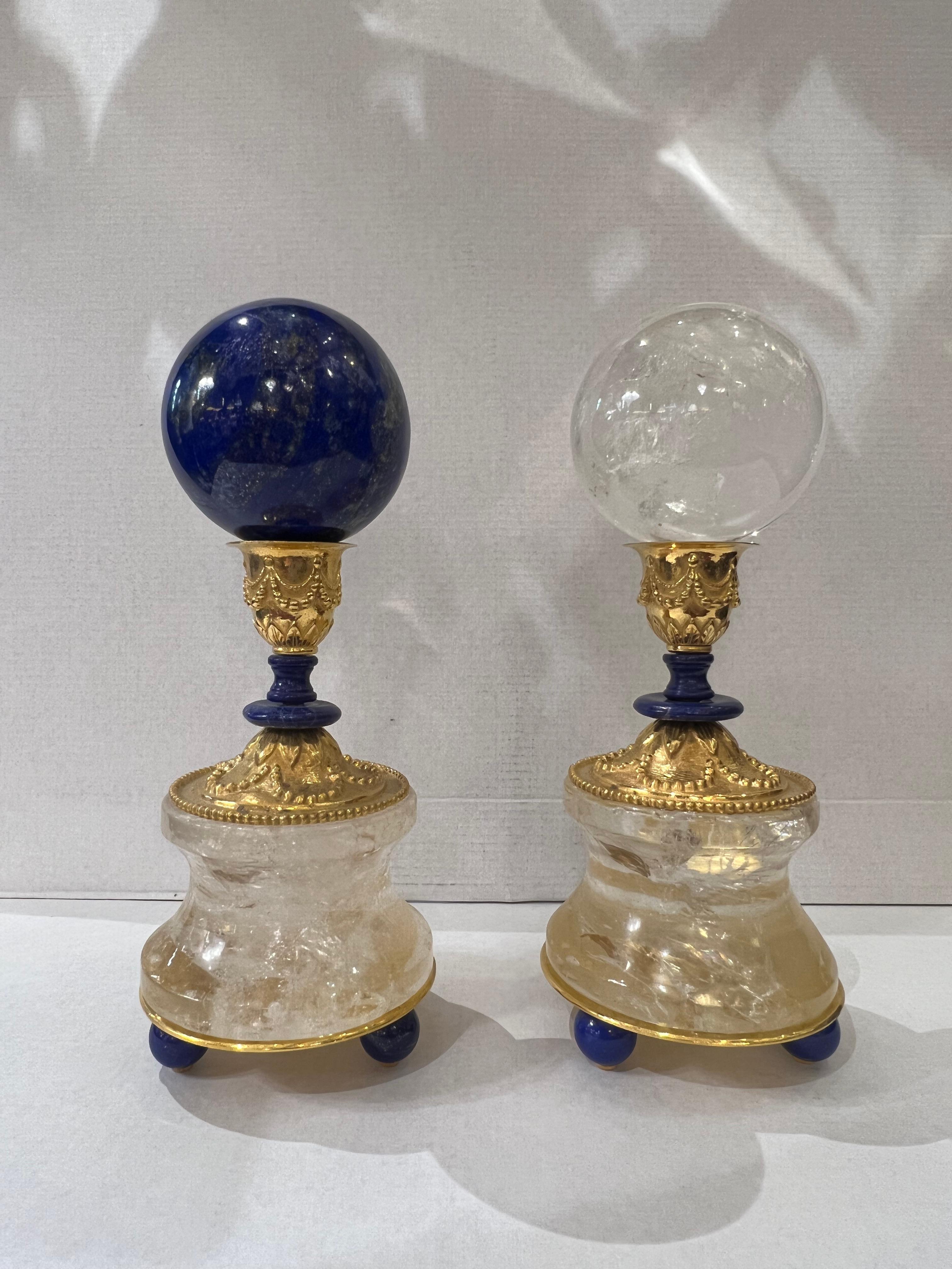 French Pair of Support Rock Crystal and Lapis Lazuli Spheres by Alexandre Vossion For Sale