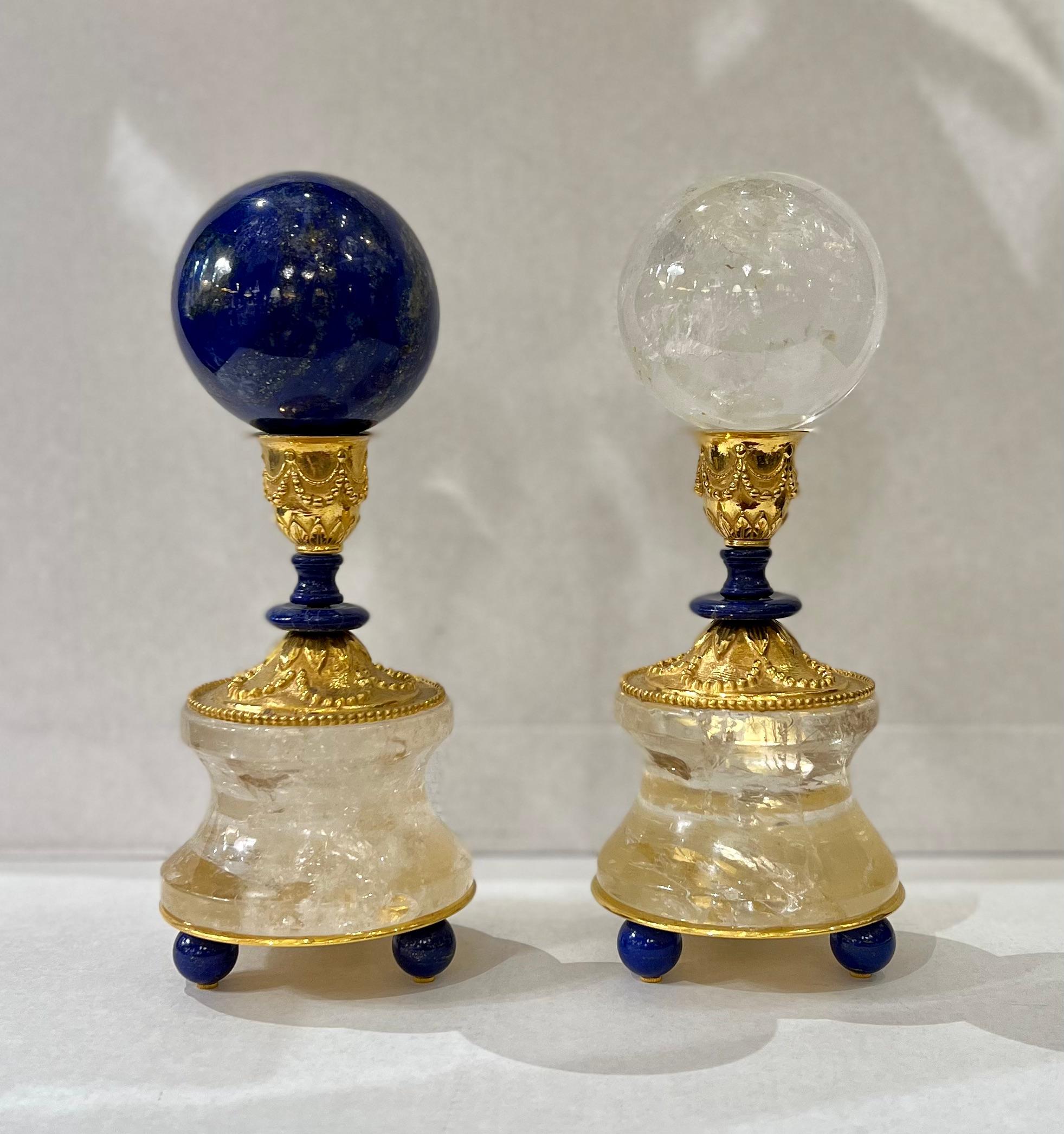 Pair of Support Rock Crystal and Lapis Lazuli Spheres by Alexandre Vossion In New Condition For Sale In SAINT-OUEN, FR