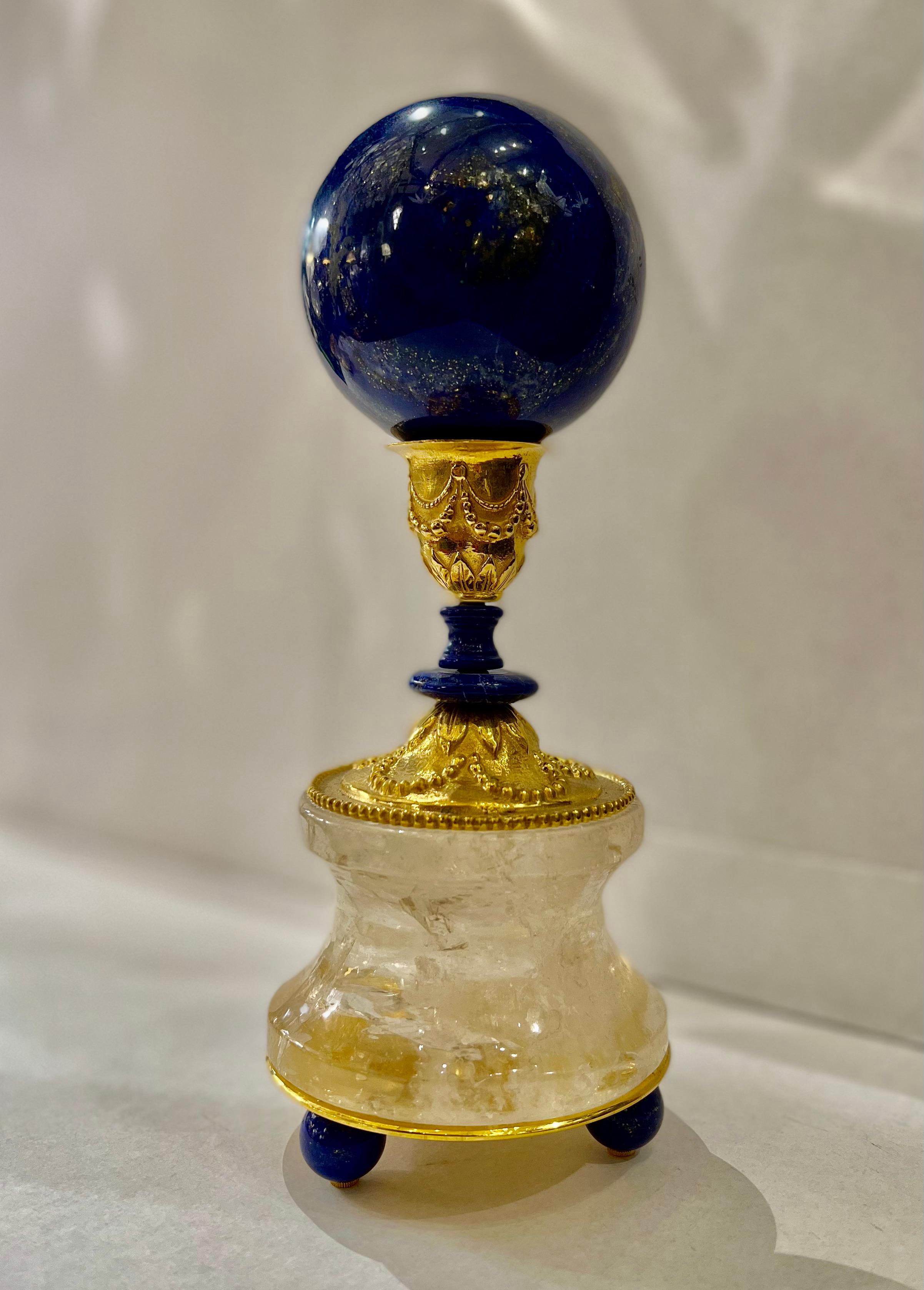 Gold Plate Pair of Support Rock Crystal and Lapis Lazuli Spheres by Alexandre Vossion For Sale
